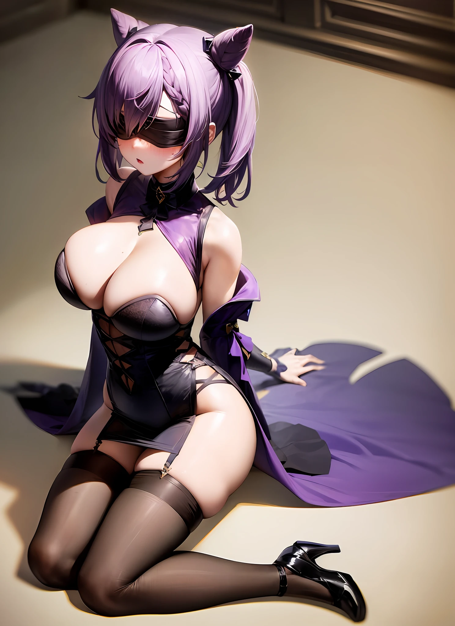 short detailed hair,Lori huge breasts cleavage,lilac purple hair,blindfolds,flatchest,gothic clothing,petite,Full body photo,There are bows on the clothes,black lence stockings,plumw