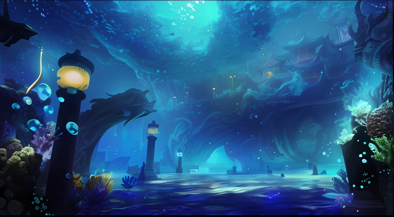 Ancient Chinese Palace, White Jade Palace Under the Sea, Underwater, Bubbles, Current, (Illustration: 1.0), Epic Composition, Natural Light, HD Details, Masterpiece, Best Quality, (Very Detailed CG Unity 8k Wallpaper)