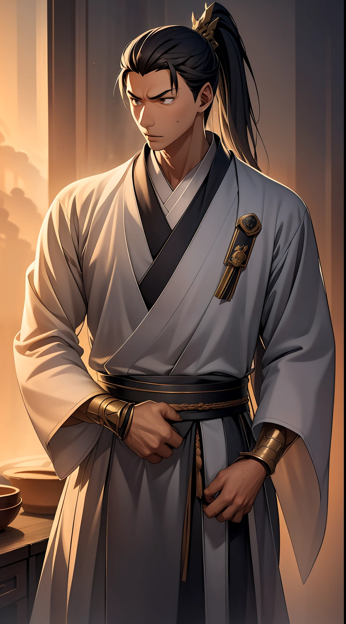 quadratic element，style of anime，mtu（Male Warrior），The proportions are correct，Face details，swordsmen，High ponytail hairstyle，Neck details，There is an Adam's apple，Black Hanfu，kaftan，Embroidered robes，black toga，clothes details，Handing over，longer sleeves，Game quality，Swordsmanship，Light and shadow tracking，Ray traching，detailed glow，cg render，hair detail，cabelos preto e longos，Black ㇏ eyes，Handsome，Handsome，（juvenile sense），Clothing is complicated，Perfectcomposition，Refinement，high qulity，higher details，Lots of details，The background is complex，a sense of atmosphere，