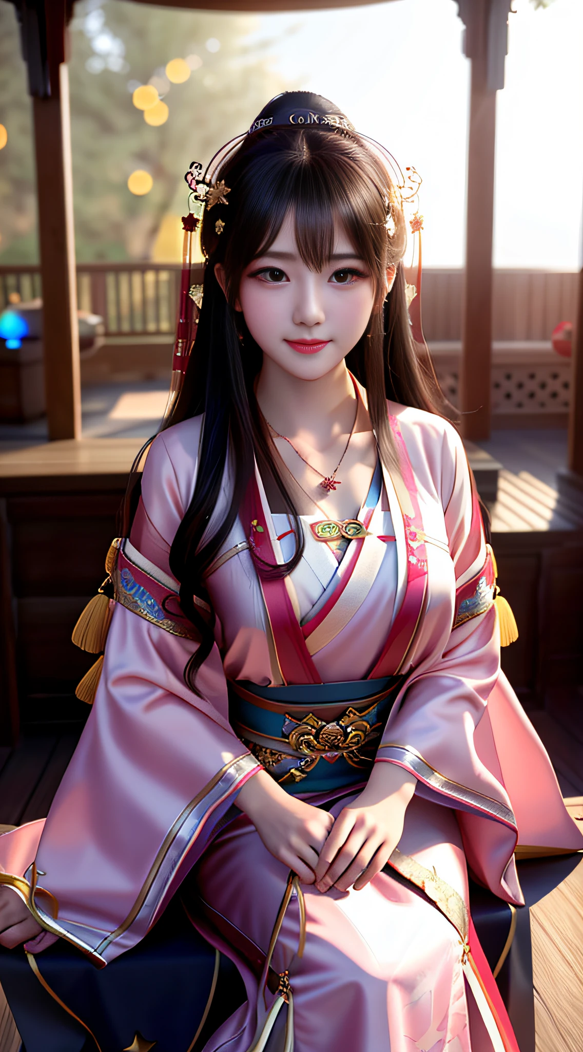 best quality, masterpiece, highres, 1girl,blush,(seductive smile:0.8),star-shaped pupils,china hanfu,hair ornament,necklace, jewelry,Beautiful face,upon_body, tyndall effect,photorealistic, dark studio, rim lighting, two tone lighting,(high detailed skin:1.2), 8k uhd, dslr, soft lighting, high quality, volumetric lighting, candid, Photograph, high resolution, 4k, 8k, Bokeh wuchangshuo, badashanren,zhengbanqiao,shuimobysim,bonian