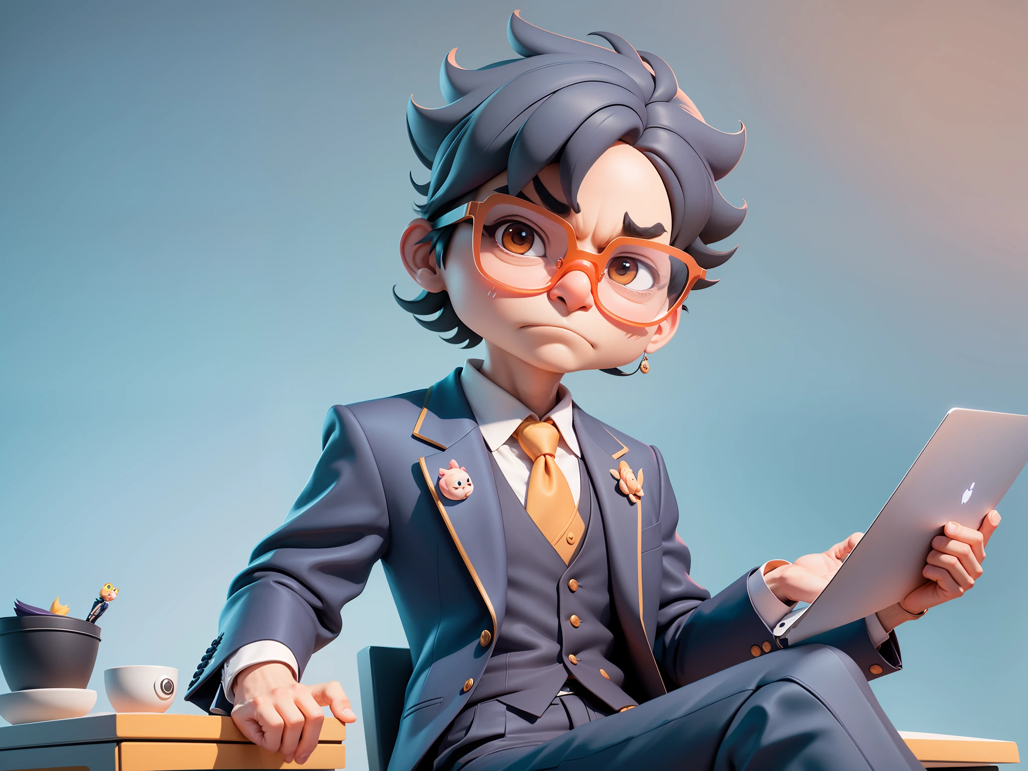 A young man in formal clothes,Short hair and glasses,Sitting at your desk,holding laptop,digitial painting,cartoonish style,4K HD illustration,Very detailed facial features,tigre,Mark Clairdon,by Pixar,3D character design:Hayao Miyazaki and Akira Toriyama, Cartoon-style visuals。