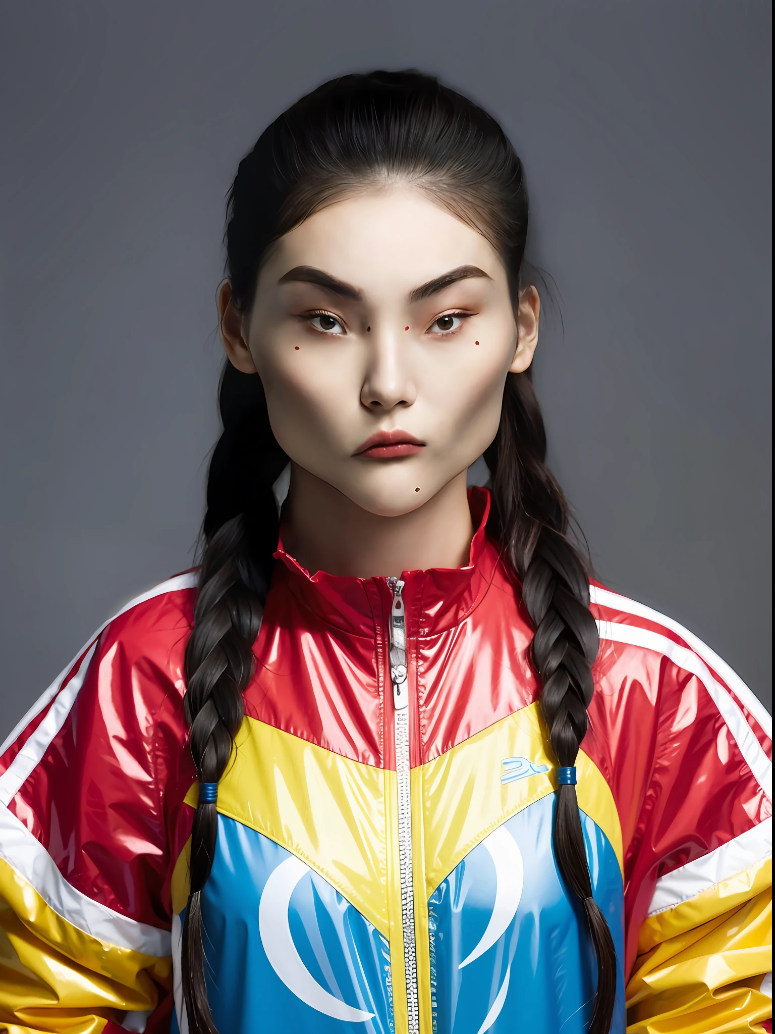 A Chinese high school girl,Wear PVC color casual sportswear,Braid
