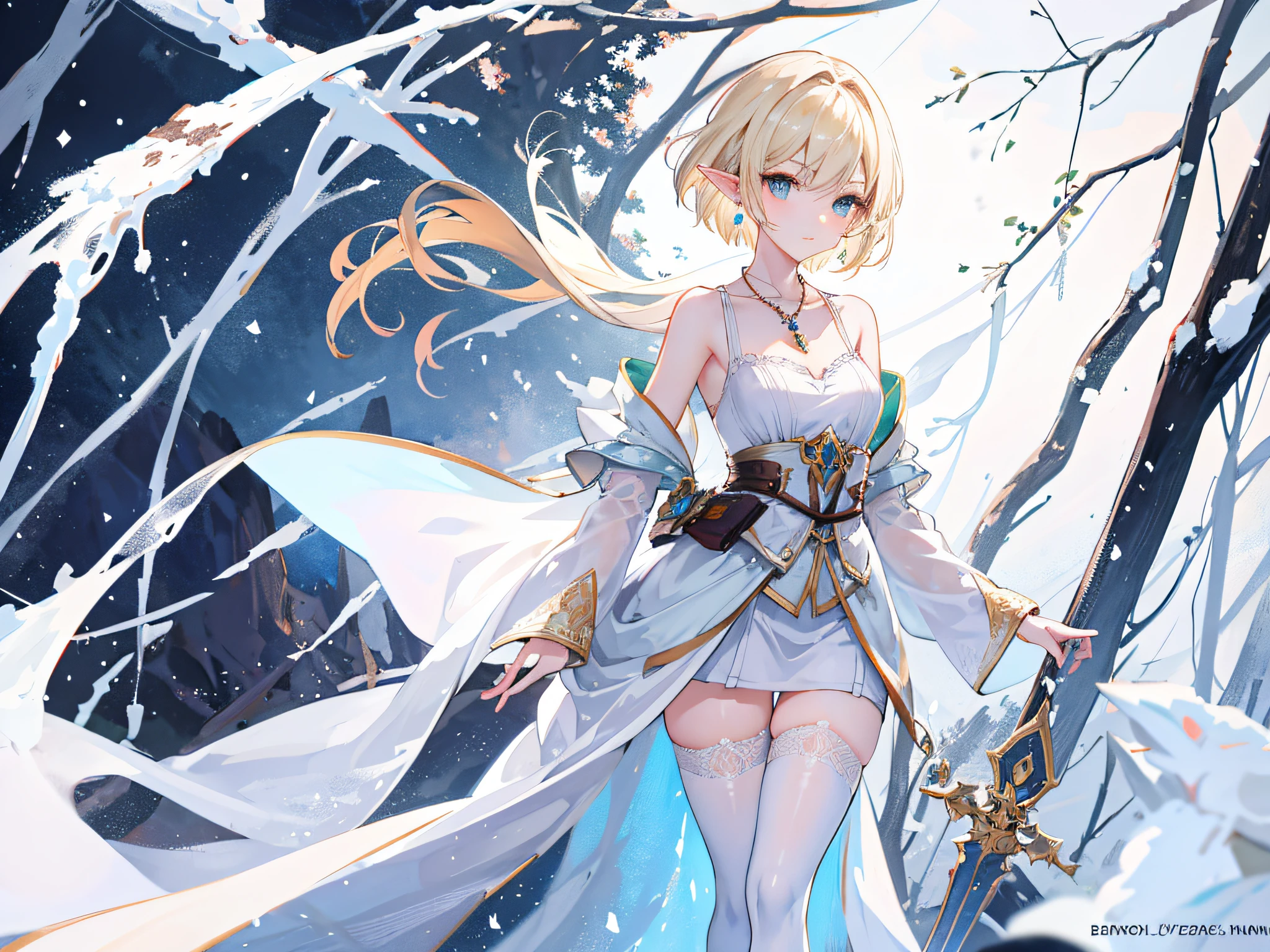 1 cute elf girl,Standing in the snow,hands on the chest,looking at the distance,Delicate short blonde hair,Tall and slender ,Delicate stockings,Beautiful sexy clothes,With a long sword in his hand,Beautiful necklace,Beautiful earrings