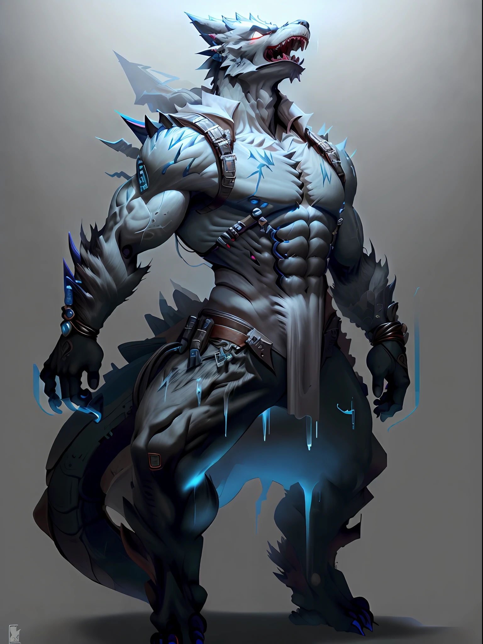 Artificial Intelligence Dragon Man，Full body like，Furry werewolves，A pair of dragon wings，All-black rubber shorts，Whole body body body body fluids，Black skin，Chemical and biological weapons，blue stripe，sharp talons，Lower body outflow fluid，standing on your feet，Full body like，Sideways portrait，drools，In the middle of the island，Stick out her tongue，Lick，Master the magic，Ice on your hands，adolable，ssmile，Handsome，big wolf tail