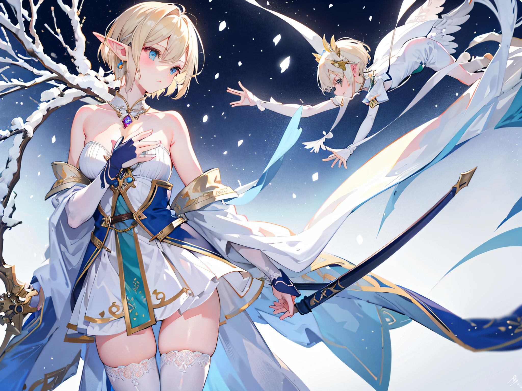 1 cute elf girl，Standing in the snow，hands on the chest，looking at the distance，Delicate short blonde hair，Tall and slender ，Delicate stockings，Beautiful sexy clothes，With a long sword in his hand，Beautiful necklace，Beautiful earrings