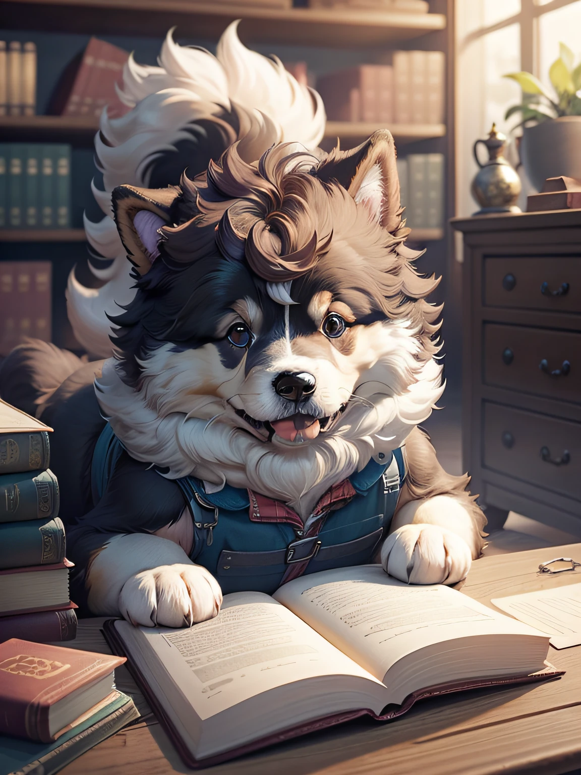 A fluffy puppy happily writes about his travel plans in the library