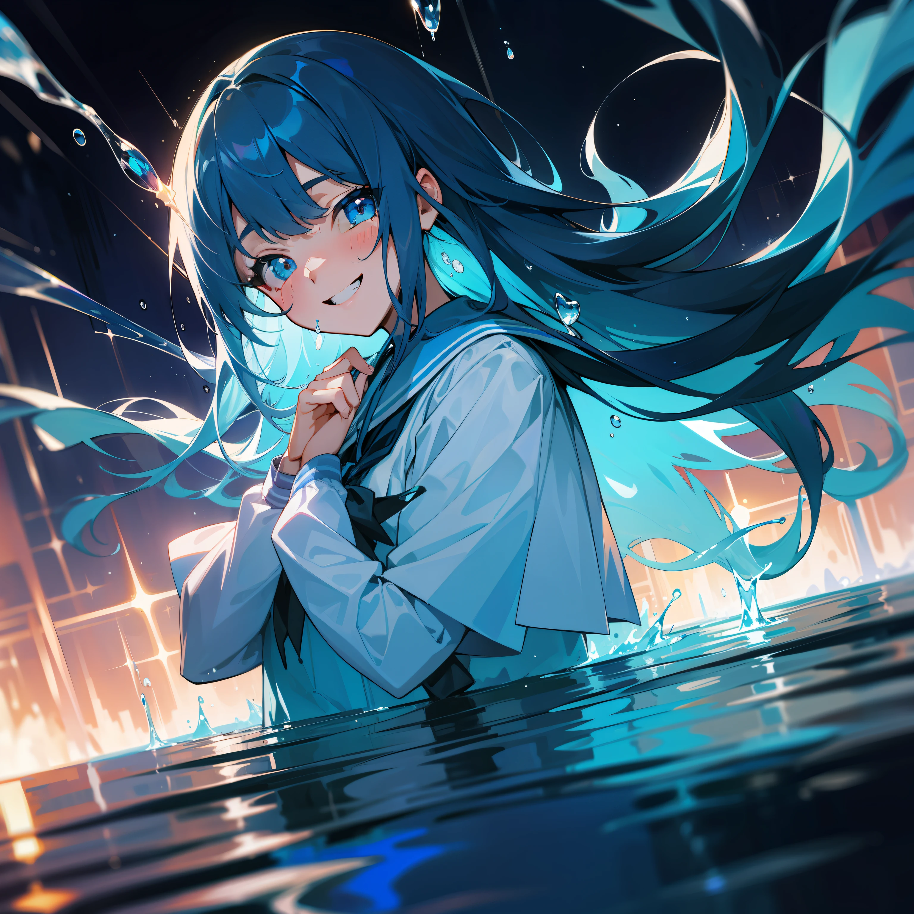 (liquid hair:1.2),girls,quadratic element。water flowing,water dripping,effeminate,blue colors,Water dress,evening light,Face the lens,adolable,grin,tmasterpiece,best qualtiy,Hyper-Resolution