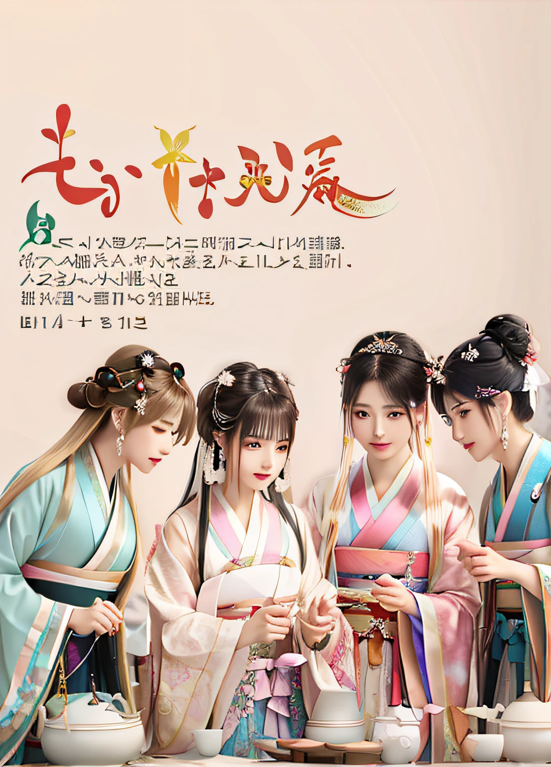 (Gorgeous costumes with rich details:1.5)Three women dressed in Hanfu fiddle with handicrafts on a table,2 girls with long hair with shawls,Gorgeous Hanfu,long whitr hair,Delicate earrings,