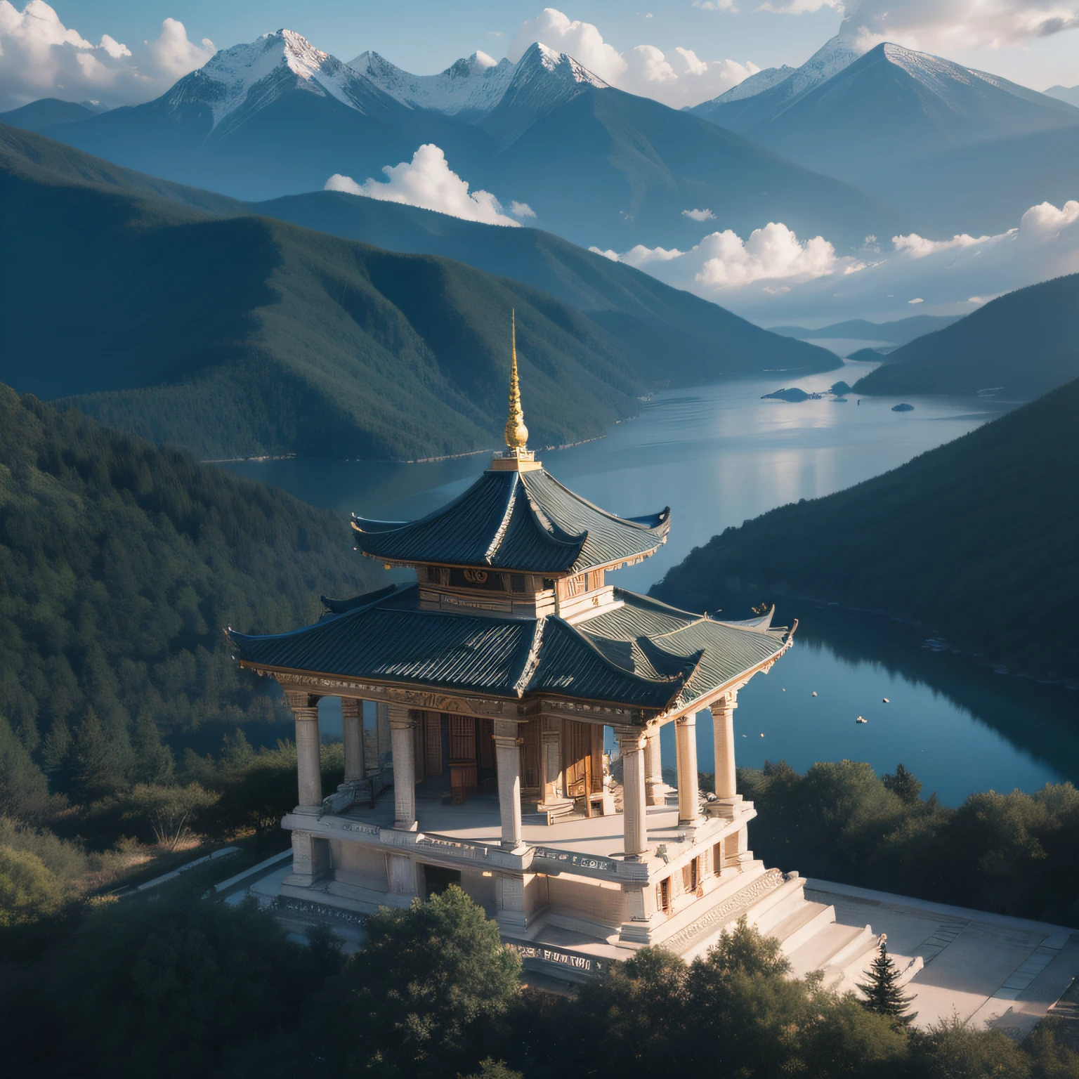 Look down from above,Pavilions,Mountain peaks in the distance,Ancient temple,Lost relics,with blue sky and white clouds,rays of sunshine,Complicated details,Volumetric lighting BREAK(tmasterpiece:1.2), (Best Picture Quality), 4k, ultra-delicate, (dynamic compositions: 1.4), Rich in detail and color, (Irridescent color: 1.2), (with light glowing, Atmospheric lighting)