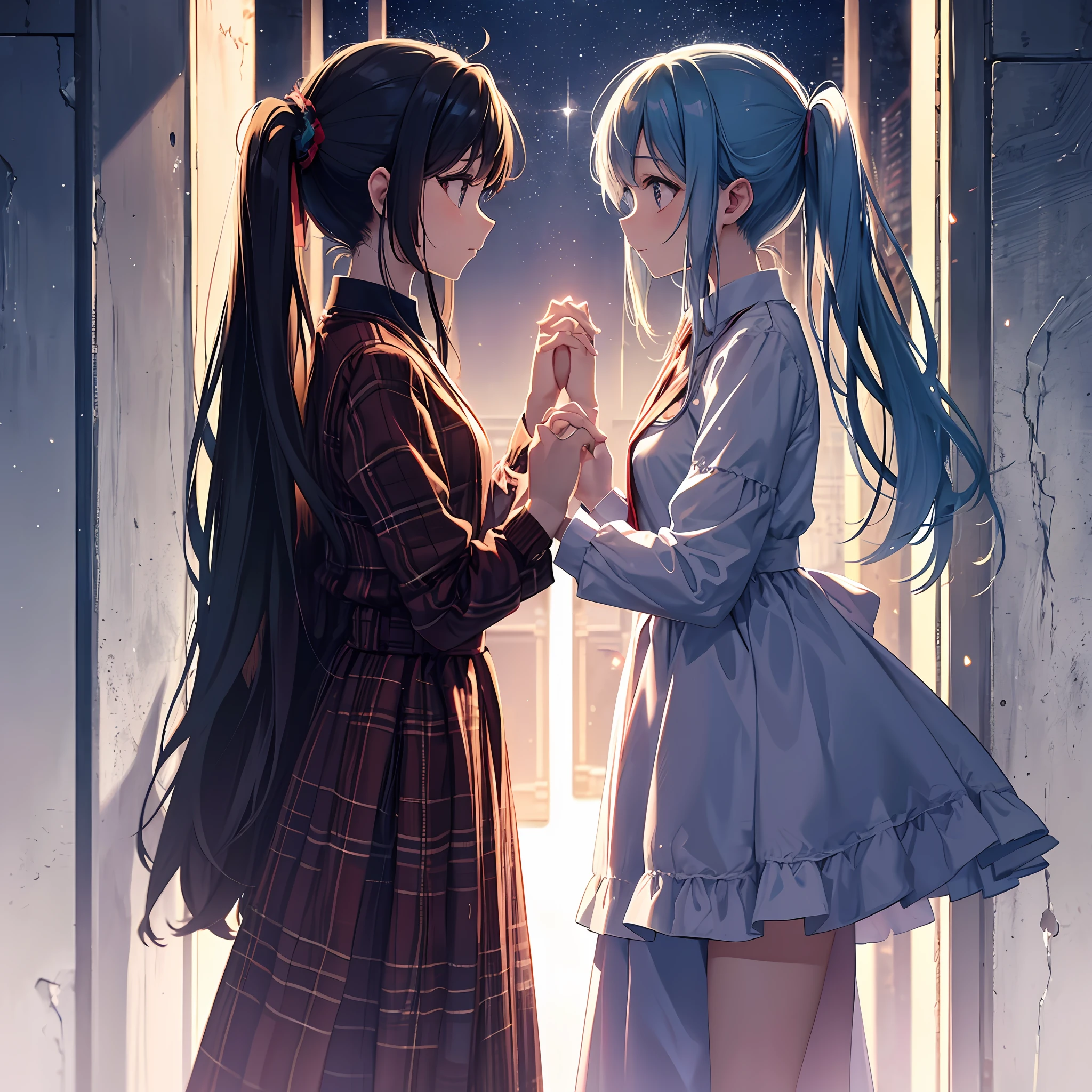 2 girls, yuri, interlocked fingers, holding hands, (five fingers, 4fingers and 1thumb), staring at each other, facing each other,
