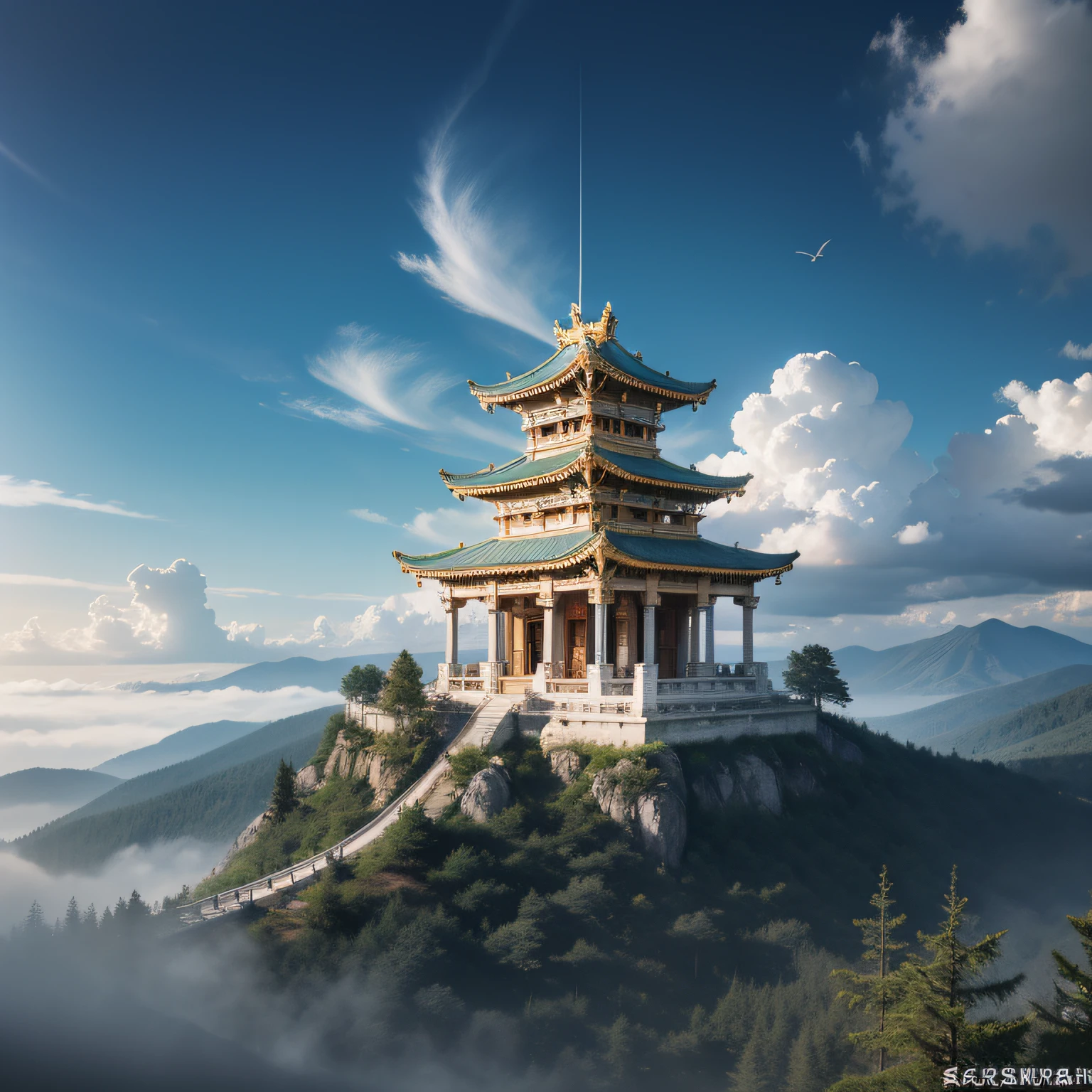Look down from above,Pavilions,Mountain peaks in the distance,Ancient temple,Lost relics,with blue sky and white clouds,rays of sunshine,Complicated details,Volumetric lighting BREAK(tmasterpiece:1.2), (Best Picture Quality), 4k, ultra-delicate, (dynamic compositions: 1.4), Rich in detail and color, (Irridescent color: 1.2), (with light glowing, Atmospheric lighting)