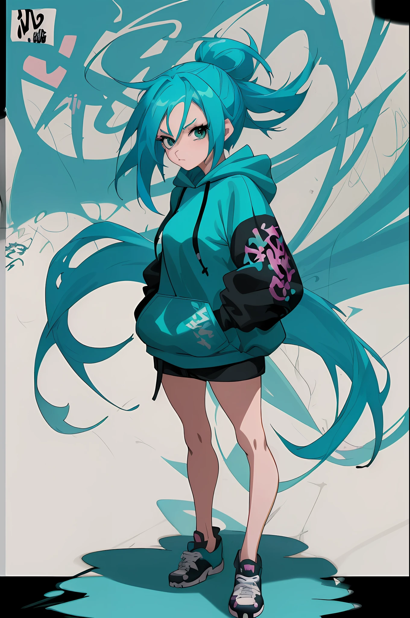 arafed image of a woman with blue hair and a hoodie standing in front of a graffiti wall, anime art wallpaper 4 k, anime art wallpaper 4k, anime art wallpaper 8 k, anime style 4 k, anime girl with teal hair, 4 k manga wallpaper, anime wallpaper 4k, anime wallpaper 4 k, 4k anime wallpaper