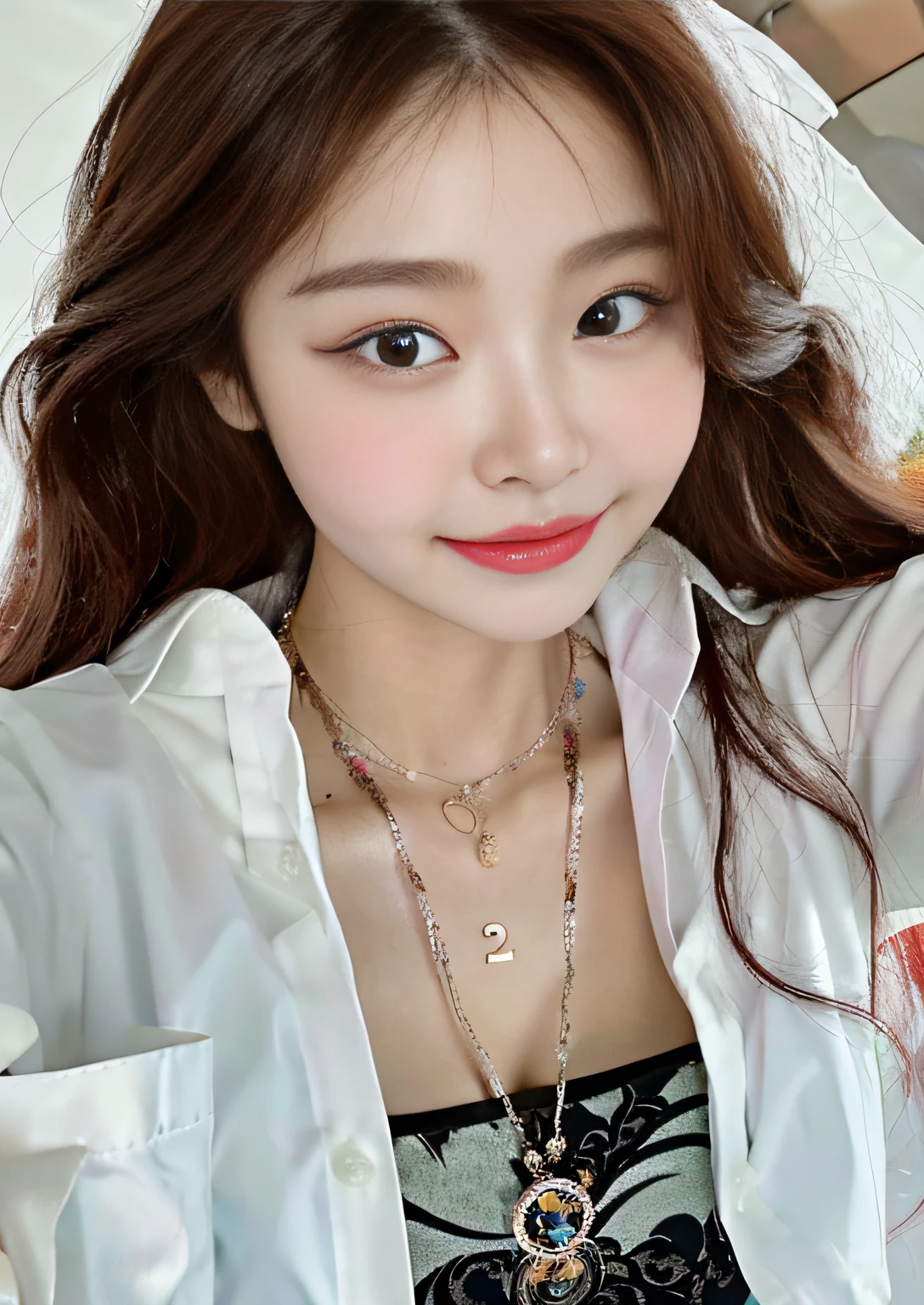 a close up of a woman with long hair wearing a white shirt, sun yunjoo, Choi Hyun-hwa, jaeyeon nam, 8k selfie photograph, Gorgeous young Korean woman, Lee Ji-eun, lee ji eun, park jimin, Shin Jinying, gongbi, ulzzangs, blackpink jennie, jiyun chae, bae suzy
