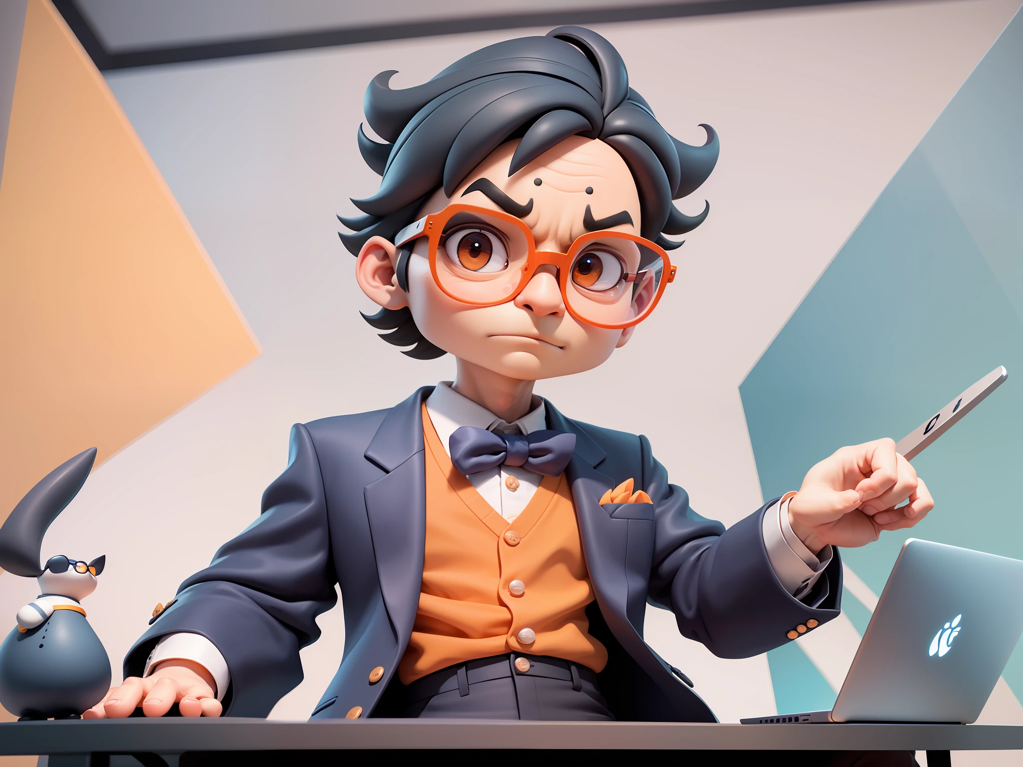 A young man in formal clothes,Short hair and glasses,Sitting at your desk,holding laptop,digitial painting,cartoonish style,4K HD illustration,Very detailed facial features,tigre,Mark Clairdon,by Pixar,3D character design:Hayao Miyazaki and Akira Toriyama, Cartoon-style visuals。