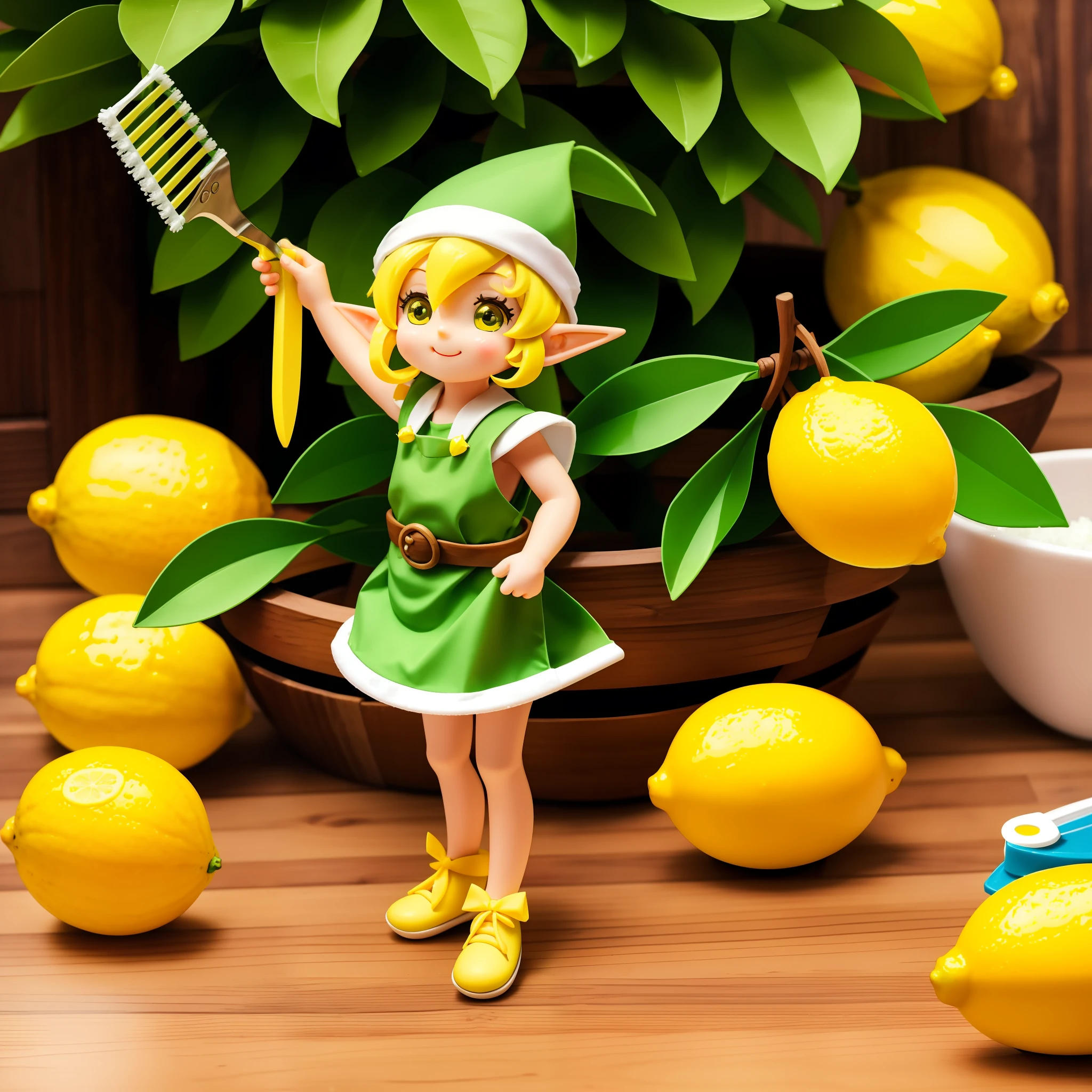 A lively and cute lemon elf,Its main part is a lemon,Wear a cleaning cap on the head,Cleaning tools in hand