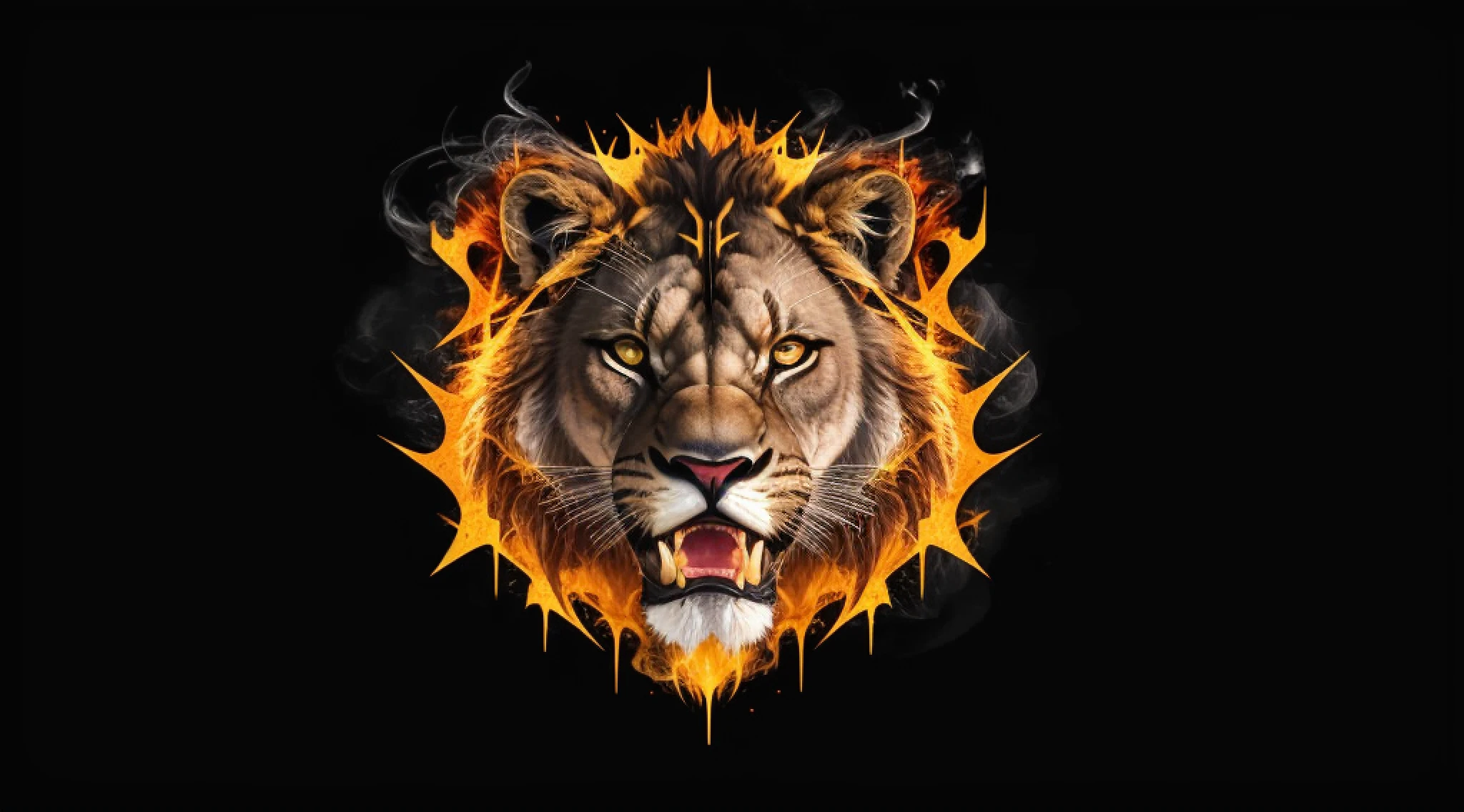 create a front-end performance logo type image of a roaring lion made of tribal for t-shirt branding with black outline and gold and silver colors with a star in the background and black background with golden smoke in high definition 4k