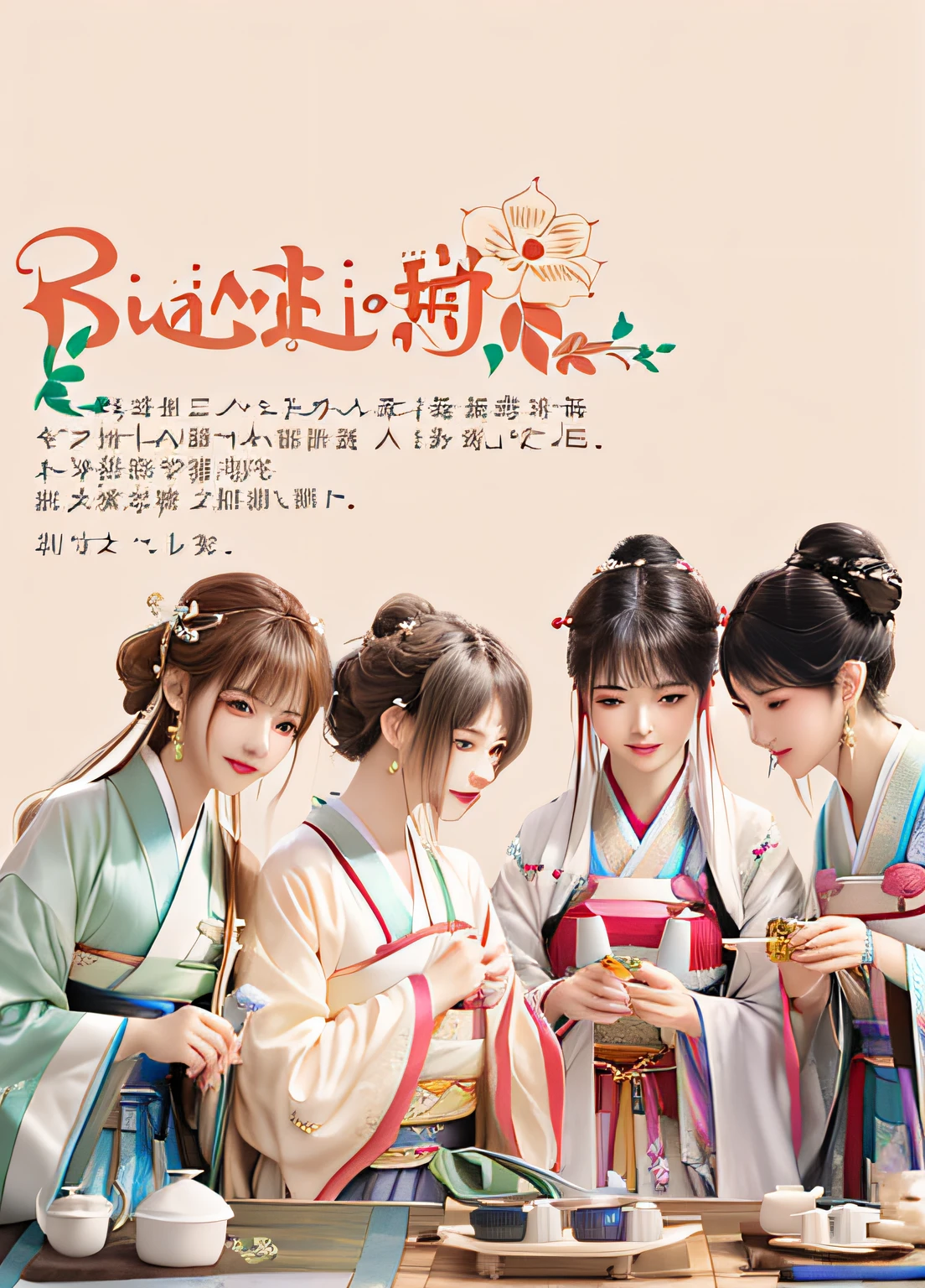 (Gorgeous costumes with rich details:1.5)Three women dressed in Hanfu fiddle with handicrafts on a table,2 girls with long hair with shawls,Gorgeous Hanfu,long whitr hair,Delicate earrings,