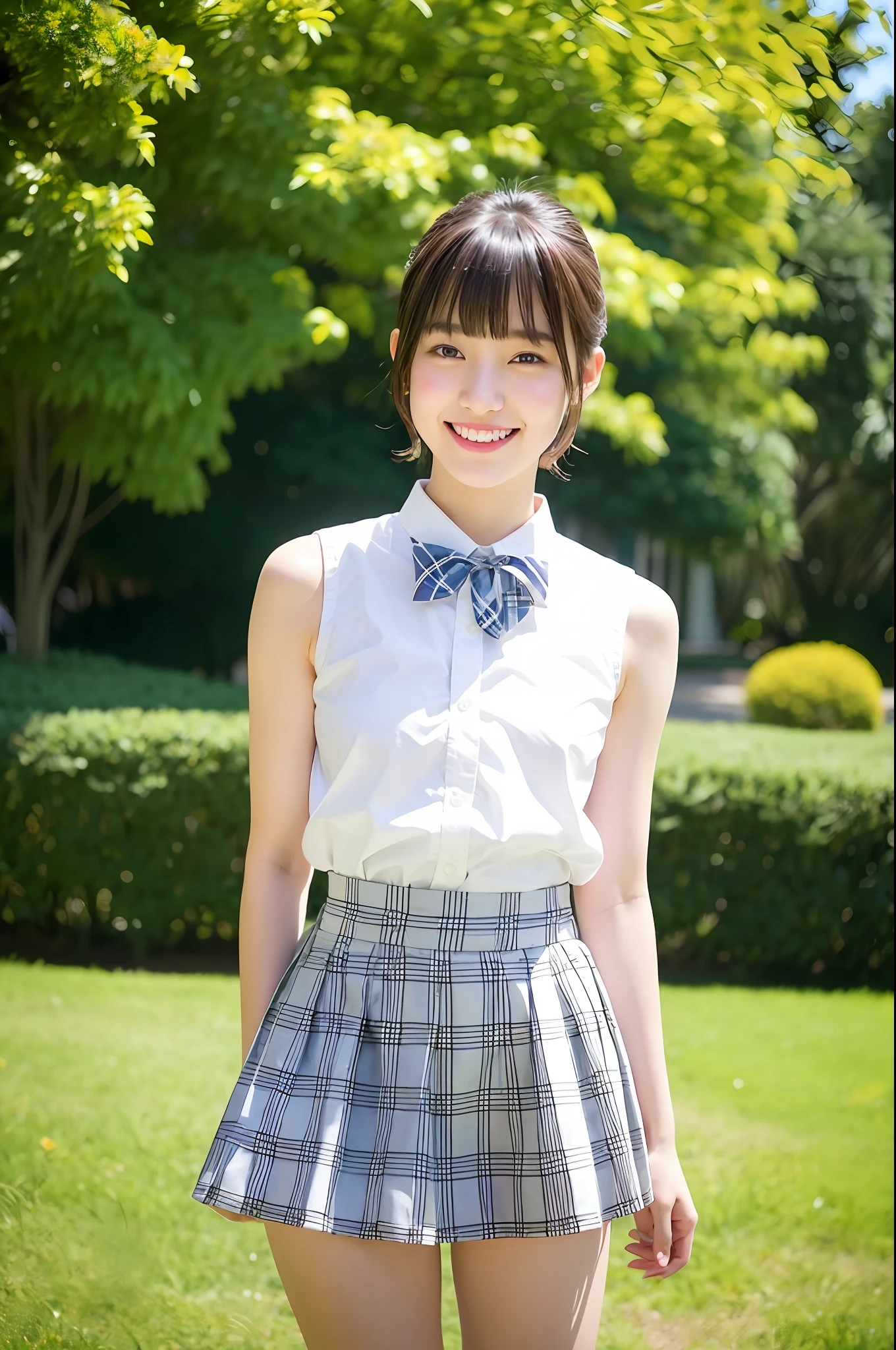 1 girl standing,sleeveless white shirt,plaid bow tie,thong with plaid frill,18year old,bangs,smiles,thighs,knees,short cut hair,poneyTail,in park