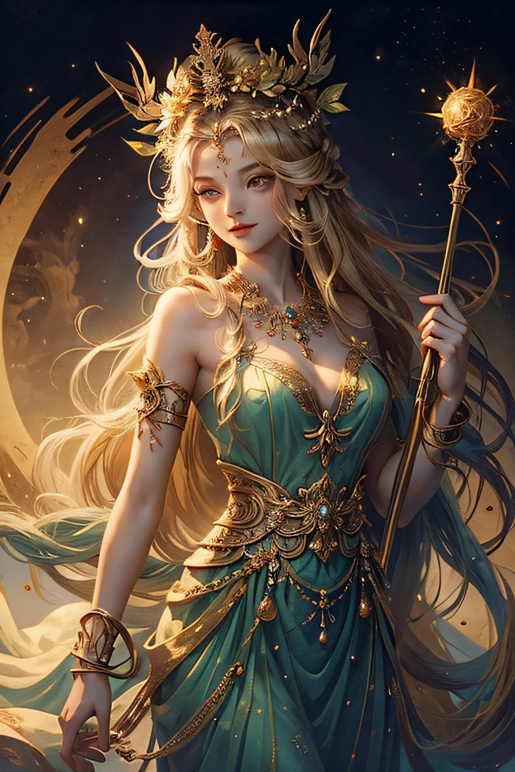 1girl, The goddess has long, beautiful hair and a gentle face.
She is a goddess wearing a beautiful dress and a wreath on her head.
The goddess holds a staff in her hand, and her staff is studded with jewels.
Goddess, she is standing above the clouds and the sun is shining.
The goddess gives happiness to those around her.
