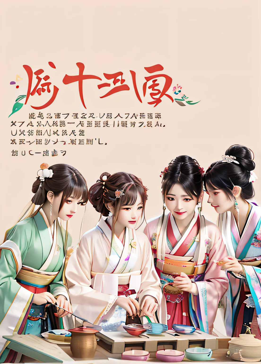 (Gorgeous costumes with rich details:1.5)Three women dressed in Hanfu fiddle with handicrafts on a table,2 girls with long hair with shawls,Gorgeous Hanfu,long whitr hair,Delicate earrings,