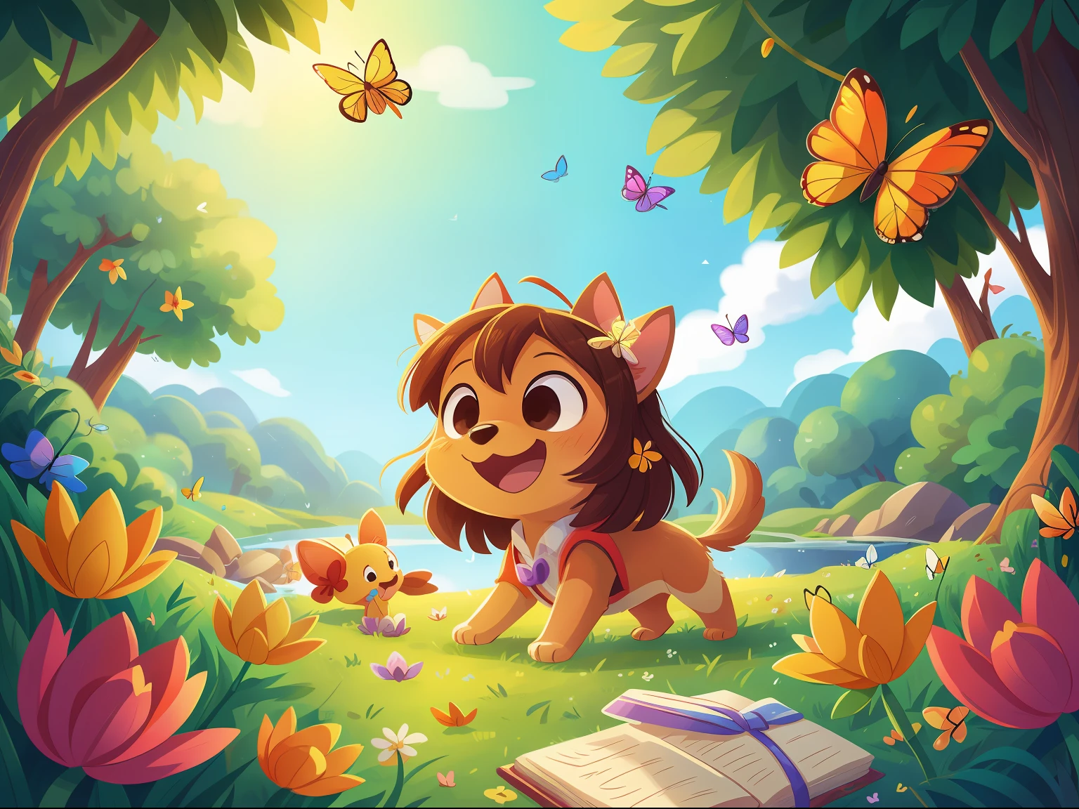 (There is a small dog chasing butterflies by the river),grassy fields,fresh flowers,having fun,児童書,Picture book style,Perfect quality,Clear focus(Clutter - home:0.8), (tmasterpiece:1.2) (realisticlying:1.2) (Bokeh) (best qualtiy)(complexdetails) (8K)(Sharp focus),(having fun)