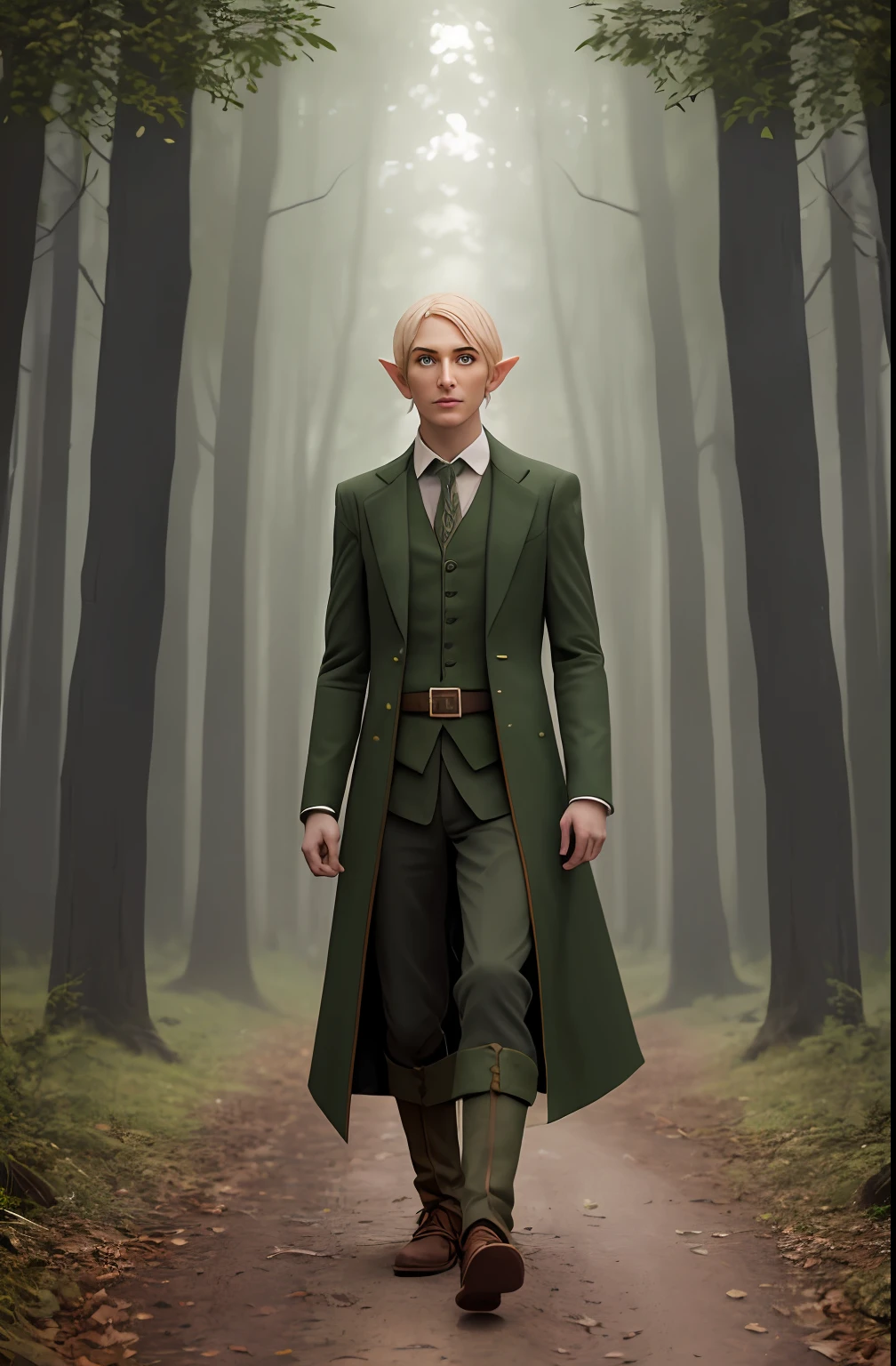 On the road stood a man dressed in green。, portrait of an elf, fantasy character photo,（（ portrait of a slender elven man, Middle-aged elves, Portrait of a male elf Lynn）））, character photography, portrait of an elf, portrait of a forest mage, inspired by the senior character artist, a male elf, The wood elves, matte painting portrait shot