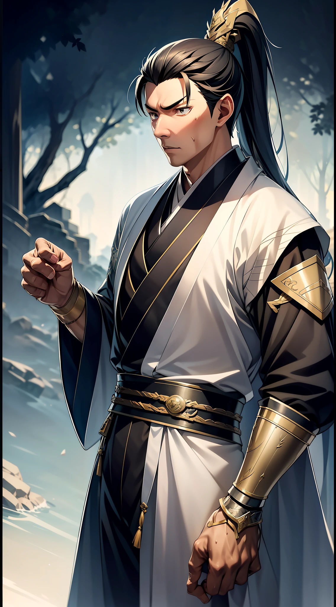 quadratic element,style of anime,mtu(Male Warrior),The proportions are correct,Face details,swordsmen,High ponytail hairstyle,Neck details,There is an Adam's apple,Black Hanfu,kaftan,black toga,clothes details,Handing over,longer sleeves,Game quality,Swordsmanship,Light and shadow tracking,Ray traching,detailed glow,cg render,hair detail,cabelos preto e longos,Black ㇏ eyes,Handsome,Handsome,(juvenile sense),Clothing is complicated,Perfectcomposition,Refinement,high qulity,higher details,Lots of details,The background is complex,a sense of atmosphere,