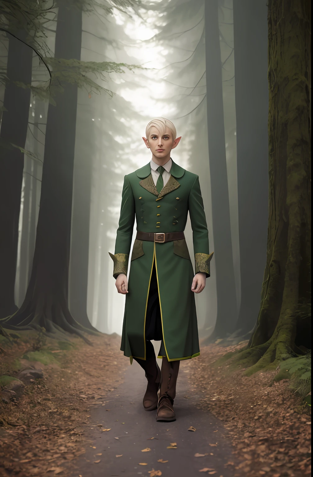 On the road stood a man dressed in green。, portrait of an elf, fantasy character photo,（（ portrait of a slender elven man, Middle-aged elves, Portrait of a male elf Lynn）））, character photography, portrait of an elf, portrait of a forest mage, inspired by the senior character artist, a male elf, The wood elves, matte painting portrait shot