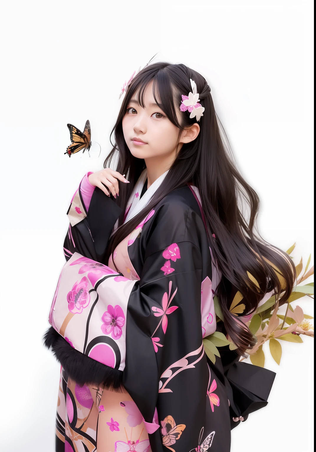 1girl, Nezuko kamado, long hair, black hair, bamboo, butterfly,pink kimono, black jacket, realistic