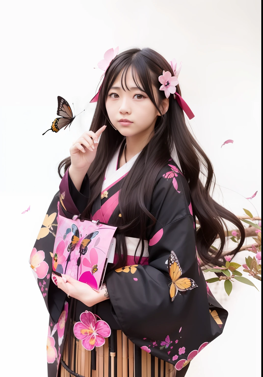 1girl, Nezuko kamado, long hair, black hair, bamboo, butterfly,pink kimono, black jacket, realistic