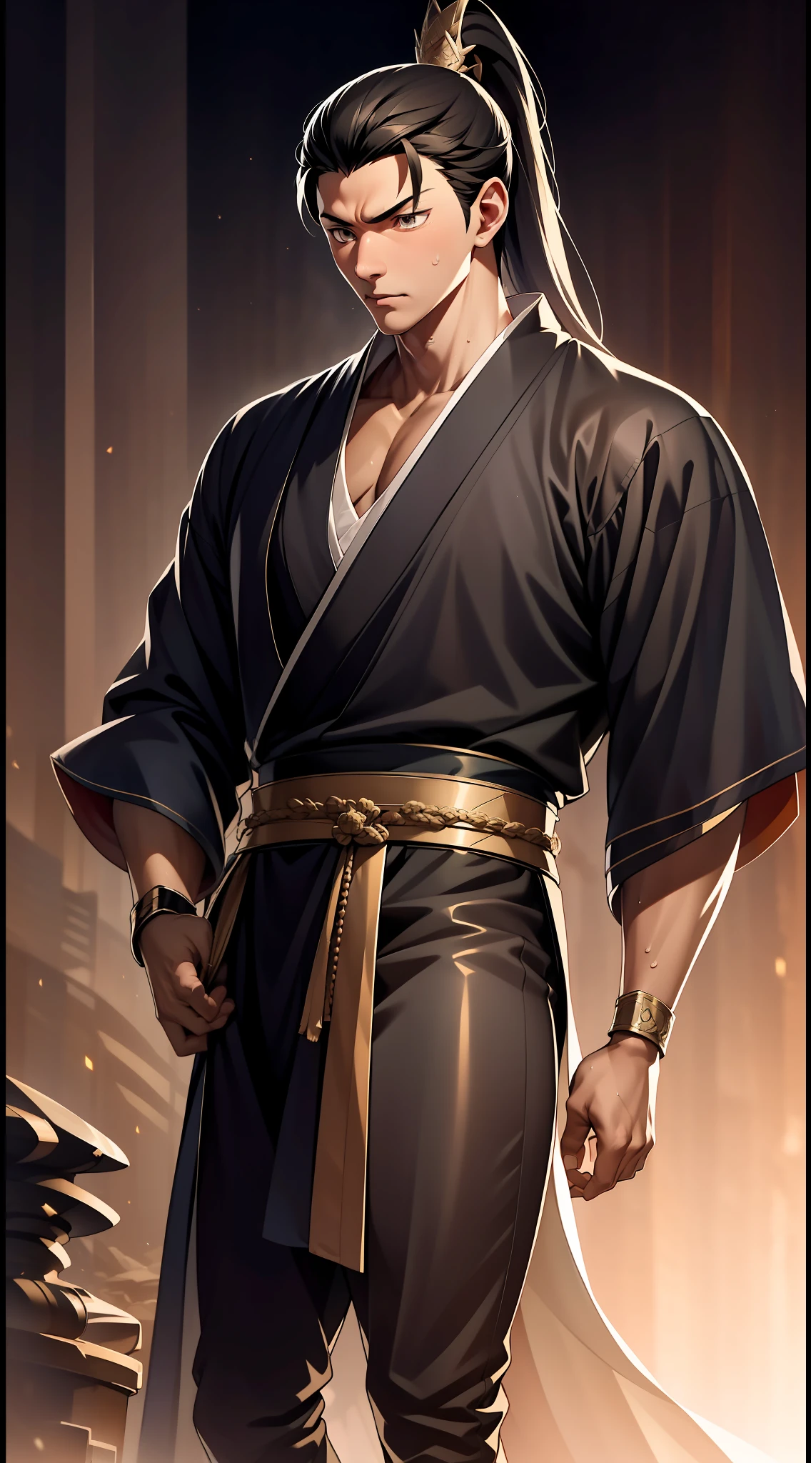 quadratic element,style of anime,mtu(Male Warrior),The proportions are correct,Face details,swordsmen,High ponytail hairstyle,Neck details,There is an Adam's apple,Black Hanfu,kaftan,black toga,clothes details,Handing over,longer sleeves,Game quality,Swordsmanship,Light and shadow tracking,Ray traching,detailed glow,cg render,hair detail,cabelos preto e longos,Black ㇏ eyes,Handsome,Handsome,(juvenile sense),Clothing is complicated,Perfectcomposition,Refinement,high qulity,higher details,Lots of details,The background is complex,a sense of atmosphere,