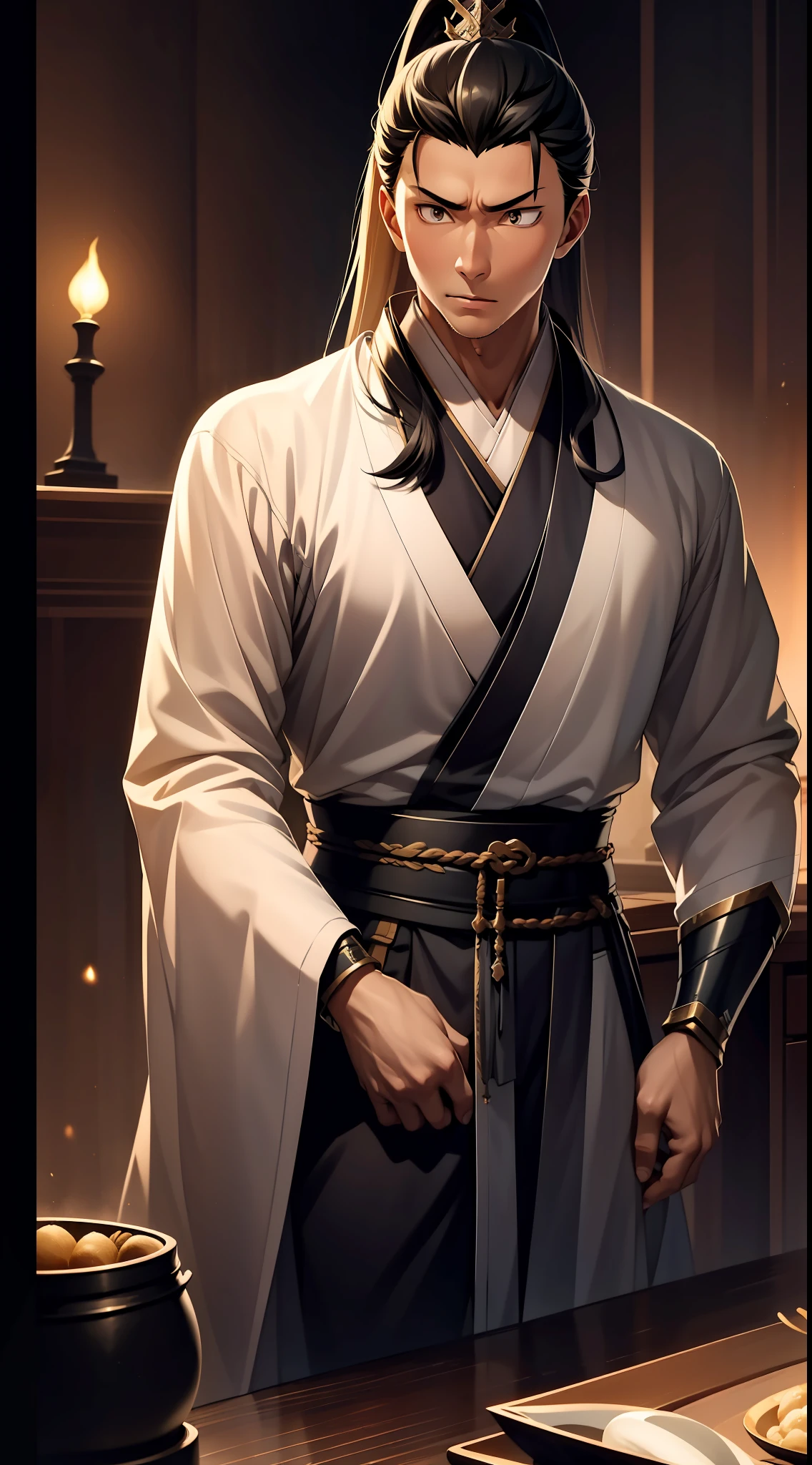 quadratic element,style of anime,mtu(Male Warrior),The proportions are correct,Face details,swordsmen,High ponytail hairstyle,Neck details,There is an Adam's apple,Black Hanfu,kaftan,black toga,clothes details,Handing over,longer sleeves,Game quality,Swordsmanship,Light and shadow tracking,Ray traching,detailed glow,cg render,hair detail,cabelos preto e longos,Black ㇏ eyes,Handsome,Handsome,(juvenile sense),Clothing is complicated,Perfectcomposition,Refinement,high qulity,higher details,Lots of details,The background is complex,a sense of atmosphere,