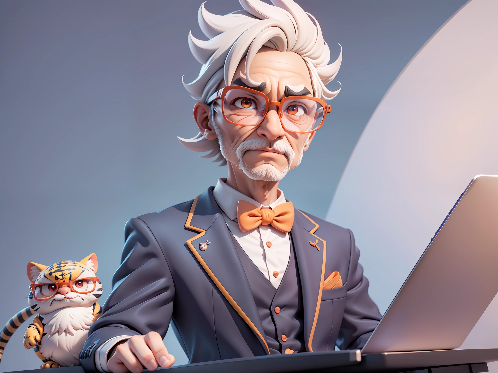 A young man in formal clothes,Short hair and glasses,Sitting at your desk,holding laptop,digitial painting,cartoonish style,4K HD illustration,Very detailed facial features,tigre,Mark Clairdon,by Pixar,3D character design:Hayao Miyazaki and Akira Toriyama, Cartoon-style visuals。