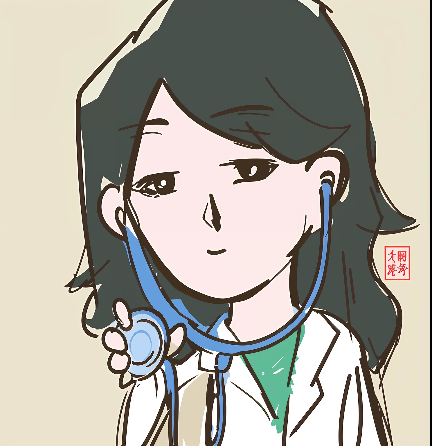 Cartoon drawing of a female doctor with a stethoscope, stethoscope!, with a stethoscope, doctor, (doctor), With a lab coat, wearing lab coat and a blouse, the doctor, stethoscope, nurse girl, wearing a lab coat, Wearing a lab coat, chihiro! fujisaki, author:Nobusada Yanagawa
