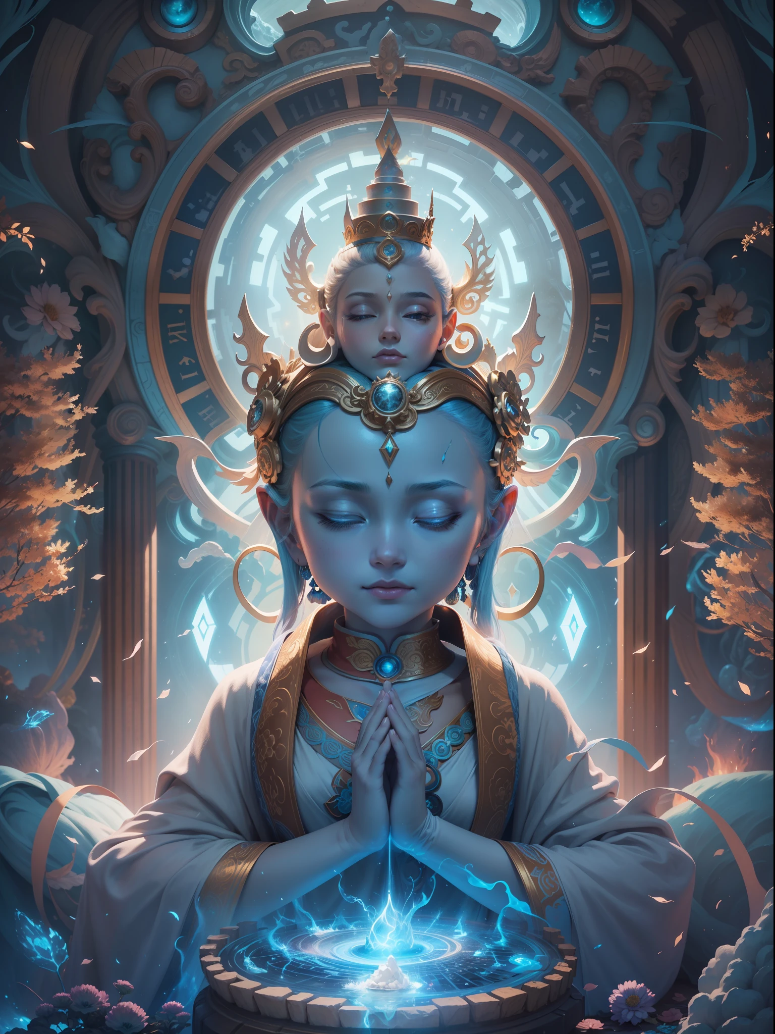 Picture quality:A masterpiece of high detail,8K,High resolution Body content:1girll,16 yaers old,Sideways position, Broad perspectives,wears a long robe,Glowing hair,long leges,Exudes an aura of majesty and wisdom,The blue Buddha statue Dharma wheel unfolds behind it,Behind him is the mysterious oversized blue wheel blue light,Countless glowing quicksand swirled around this figure,Divine sense top light,The feeling of being high,Background with:A dazzling paradise,enviroment:fanciful,full of sunlight,Buddha is full of light,utopian,The ethereal breath of the Holy Country bathed in the glow of the sky,Hopeful,Divine piety,mystical ambiance:Mysterious unknowable sense of light:sun light,Strong sunshine,Magic beam,The fantasy of the future world is intertwined with reality,Color:Infused with ethereal hues and luminous blue hues,White blue color,High purity color, composition:Ultra-wide angle composition,Faraway view, Style reference:Virtual Engine,The magical texture of blue sparks,Chaotic real world
