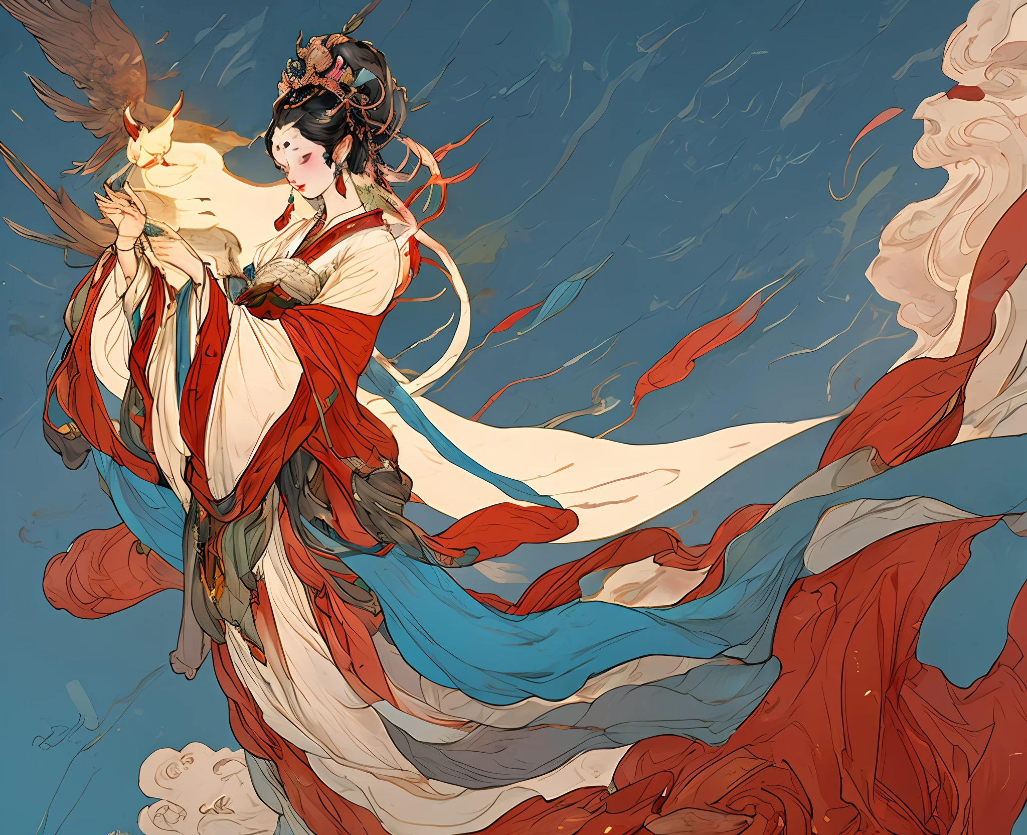 A divine maiden in traditional Chinese clothing, flying with the help of a rainbow-colored feathered garment, with a bird's-eye view of the beautiful land of China, in a solo performance. gufeng,The barefoot, ethereal atmosphere, pastel colors, graceful movement, Lots of details,delicated,tmasterpiece,32K