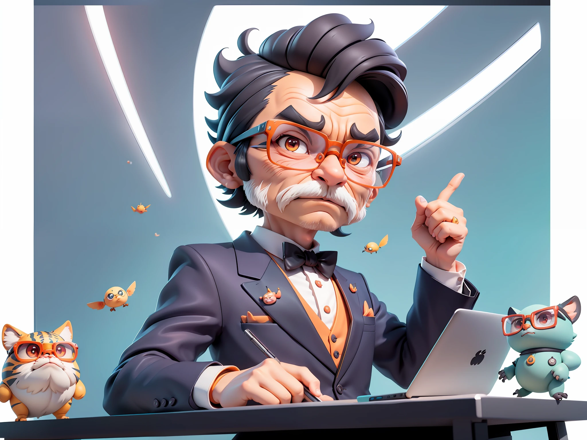 A young man in formal clothes，Short hair and glasses，Sitting at your desk，holding laptop，digitial painting，cartoonish style，4K HD illustration，Very detailed facial features，tigre，Mark Clairdon，by Pixar，3D character design：Hayao Miyazaki and Akira Toriyama, Cartoon-style visuals。