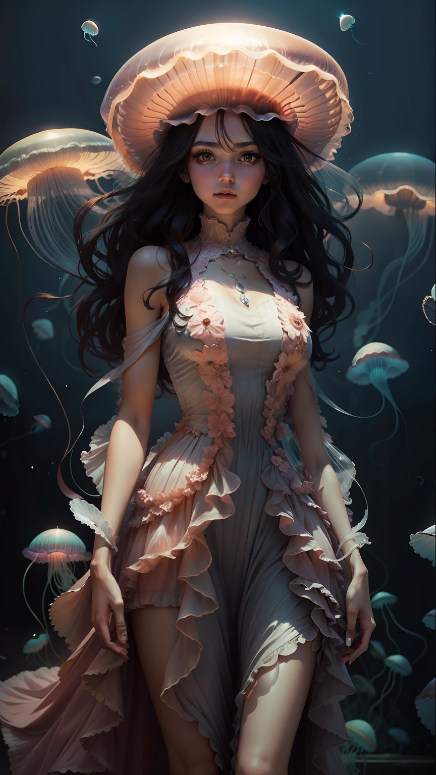 jellyfish woman, with a beautiful dress, full body
