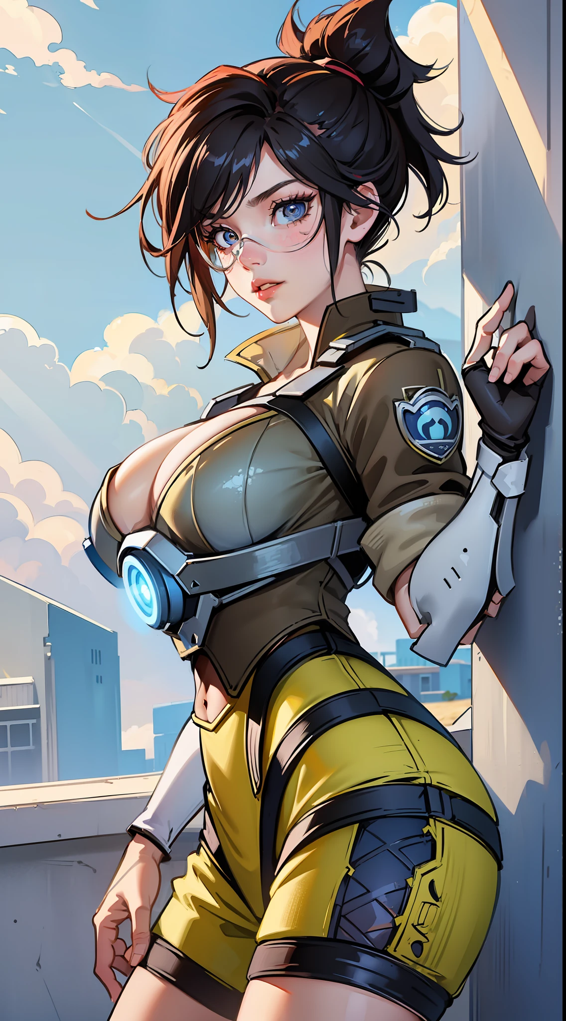 tmasterpiece，best qualtiy，8K，k hd，1girll，Human maiden，commiseration
Tracer（Overwatch），with short black hair，ar old，ng，Chu Chu pitiful， gigantic cleavage breasts：1.3，Eyes sparkle，（glowing light eyes：1.233），Yellow combat uniform，did not wear underwear，（beautiful and detailed eye：1.1），Blushlush，lindo cenario（overwatch style），with blue sky and white clouds，Side view，Dynamic pose，upper legs，（（（cowboy lens）））