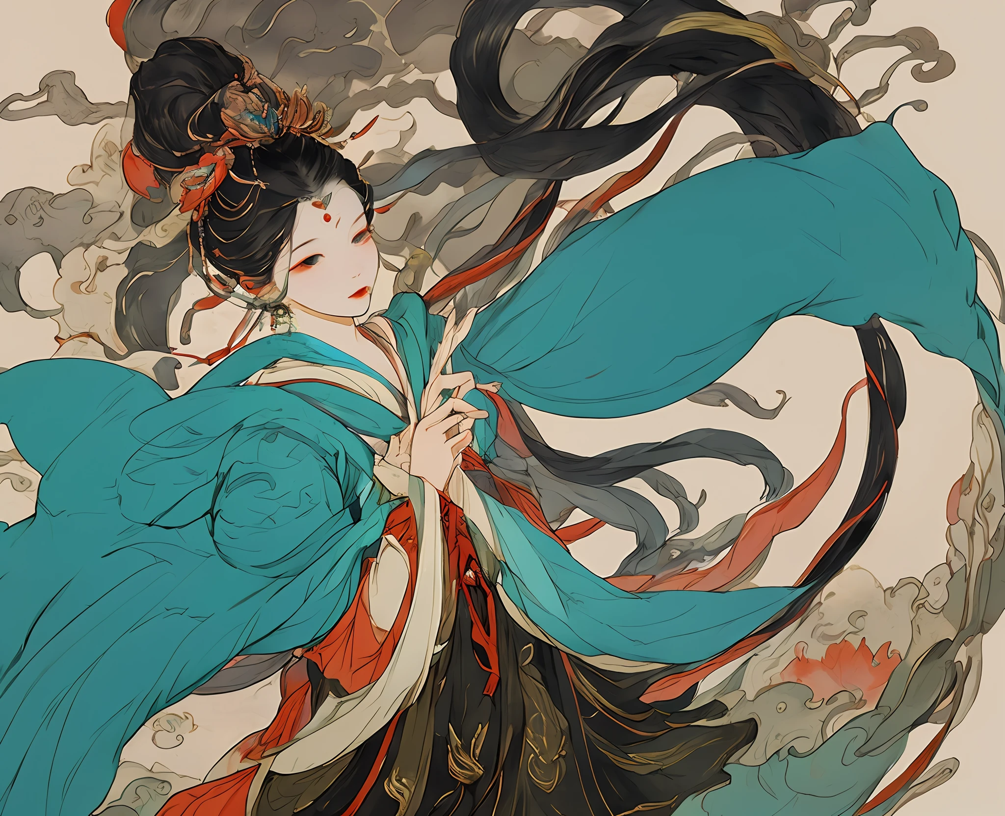 A divine maiden in traditional Chinese clothing, flying with the help of a rainbow-colored feathered garment, with a bird's-eye view of the beautiful land of China, in a solo performance. gufeng,The barefoot, ethereal atmosphere, pastel colors, graceful movement,