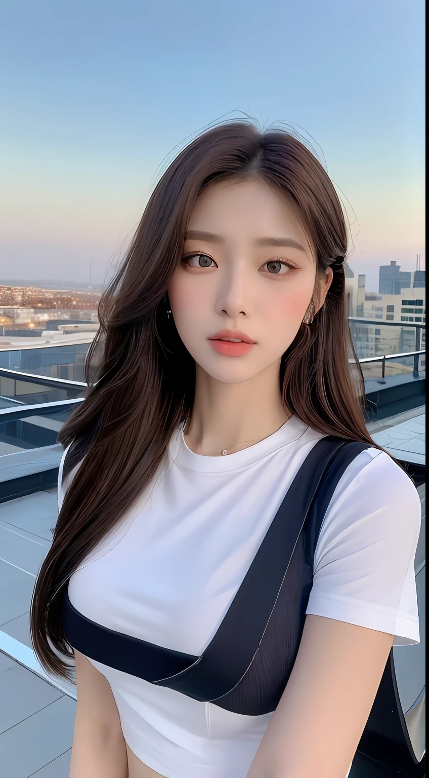 ((Midnight, Best quality, 8k, Masterpiece :1.3)), Whole body, Long legs, Sharp focus :1.2, A pretty woman with perfect figure :1.4, Slender abs :1.1, ((Dark brown hair, Big breasts :1.2)), (White tight tshirt, Jean bib, Standing:1.2), ((Night city view, Rooftop:1.3)), Highly detailed face and skin texture, Detailed eyes, Double eyelid