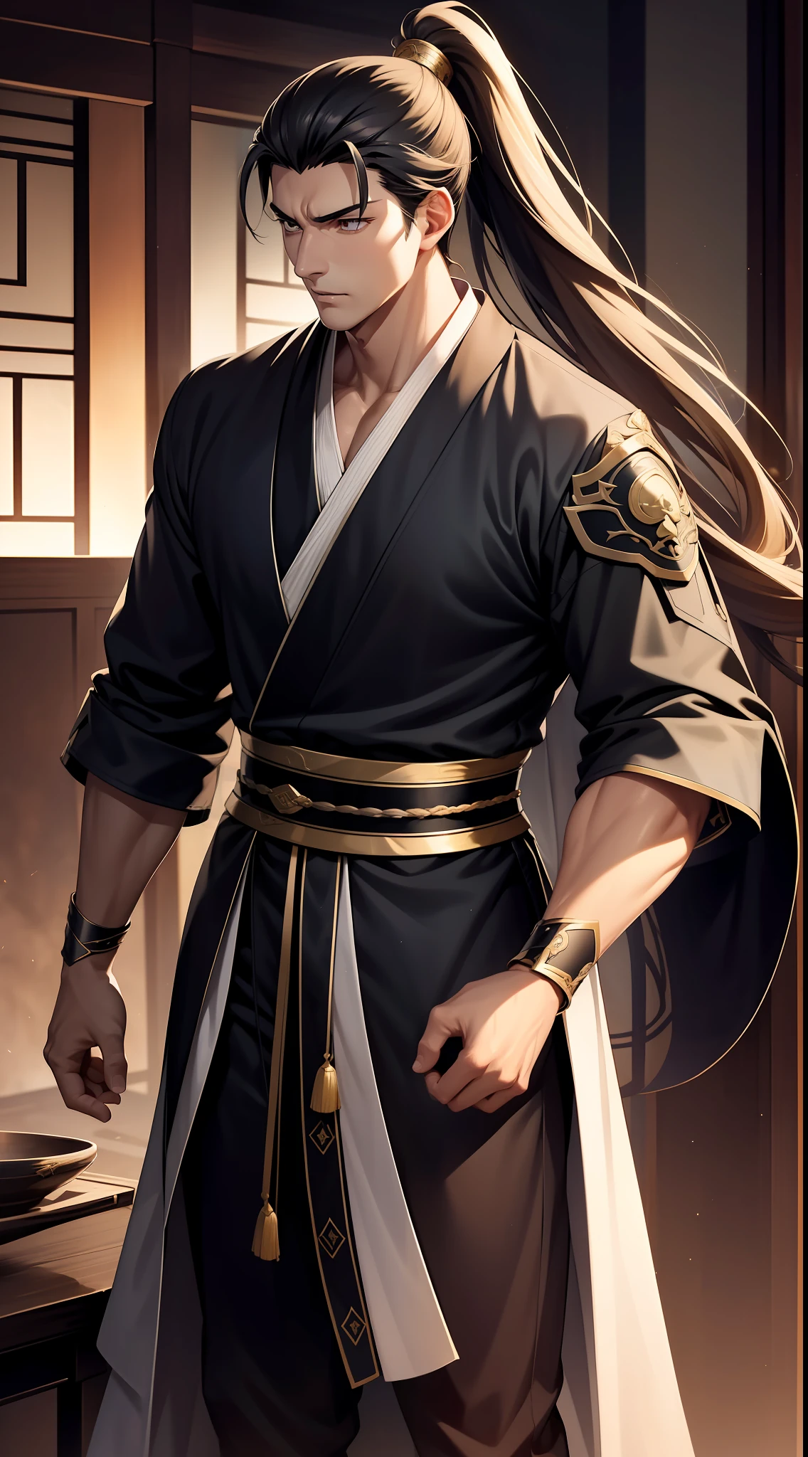 quadratic element，style of anime，mtu（Male Warrior），The proportions are correct，Face details，swordsmen，High ponytail hairstyle，Neck details，There is an Adam's apple，Black Hanfu，kaftan，black toga，clothes details，Handing over，longer sleeves，Game quality，Swordsmanship，Light and shadow tracking，Ray traching，detailed glow，cg render，hair detail，cabelos preto e longos，Black ㇏ eyes，Handsome，Handsome，（juvenile sense），Clothing is complicated，Perfectcomposition，Refinement，high qulity，higher details，Lots of details，The background is complex，a sense of atmosphere，