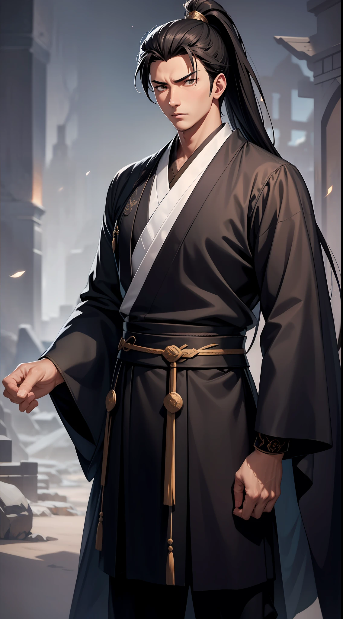 quadratic element，style of anime，mtu（Male Warrior），The proportions are correct，Face details，swordsmen，High ponytail hairstyle，Neck details，There is an Adam's apple，Black Hanfu，kaftan，black toga，clothes details，Handing over，longer sleeves，Game quality，Swordsmanship，Light and shadow tracking，Ray traching，detailed glow，cg render，hair detail，cabelos preto e longos，Black ㇏ eyes，Handsome，Handsome，（juvenile sense），Clothing is complicated，Perfectcomposition，Refinement，high qulity，higher details，Lots of details，The background is complex，a sense of atmosphere，