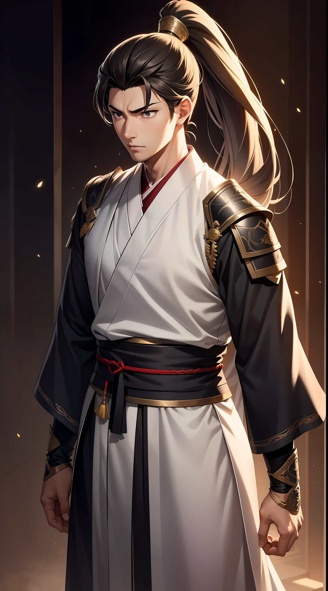 quadratic element，style of anime，mtu（Male Warrior），The proportions are correct，Face details，swordsmen，High ponytail hairstyle，Neck details，There is an Adam's apple，Black Hanfu，kaftan，black toga，clothes details，Handing over，longer sleeves，Game quality，Swordsmanship，Light and shadow tracking，Ray traching，detailed glow，cg render，hair detail，cabelos preto e longos，Black ㇏ eyes，Handsome，Handsome，（juvenile sense），Clothing is complicated，Perfectcomposition，Refinement，high qulity，higher details，Lots of details，The background is complex，a sense of atmosphere，