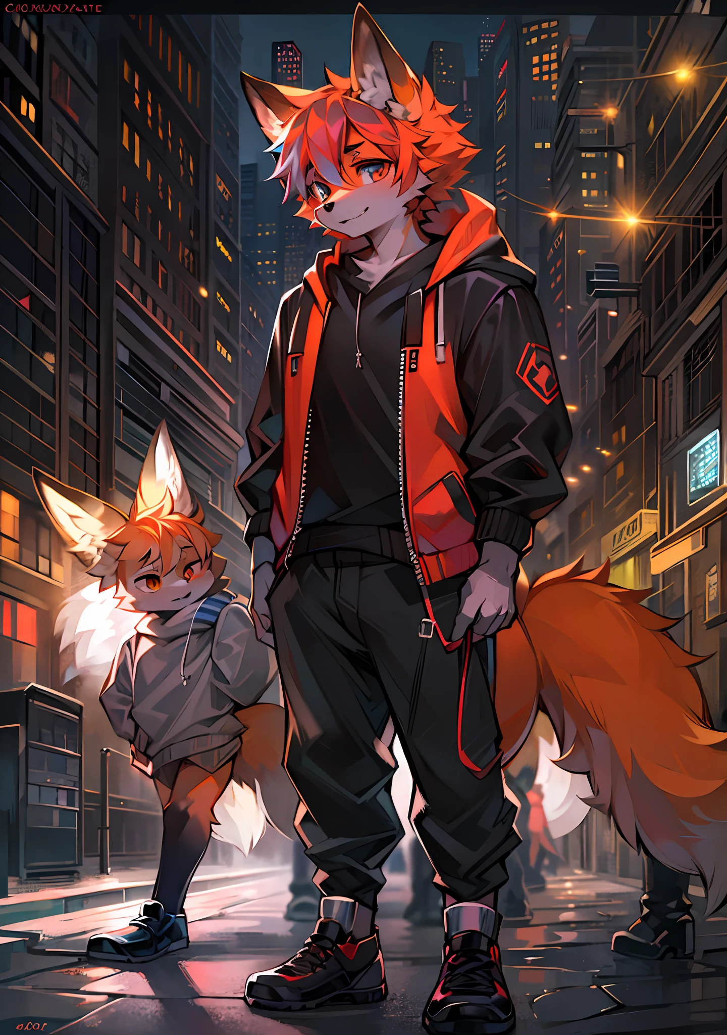 8K, Super detail, ccurate, Best quality,A -yeld fooy walks in the city,There are reddish-orange hairs, Rich plush texture, Very delicate fur, Fluffy fox tail, Fox ears,Wear a loose black hooded sweatshirt, Cute face, full bodyesbian, Looking at the audience,One eye is red,The other eye is blue,Bright lights