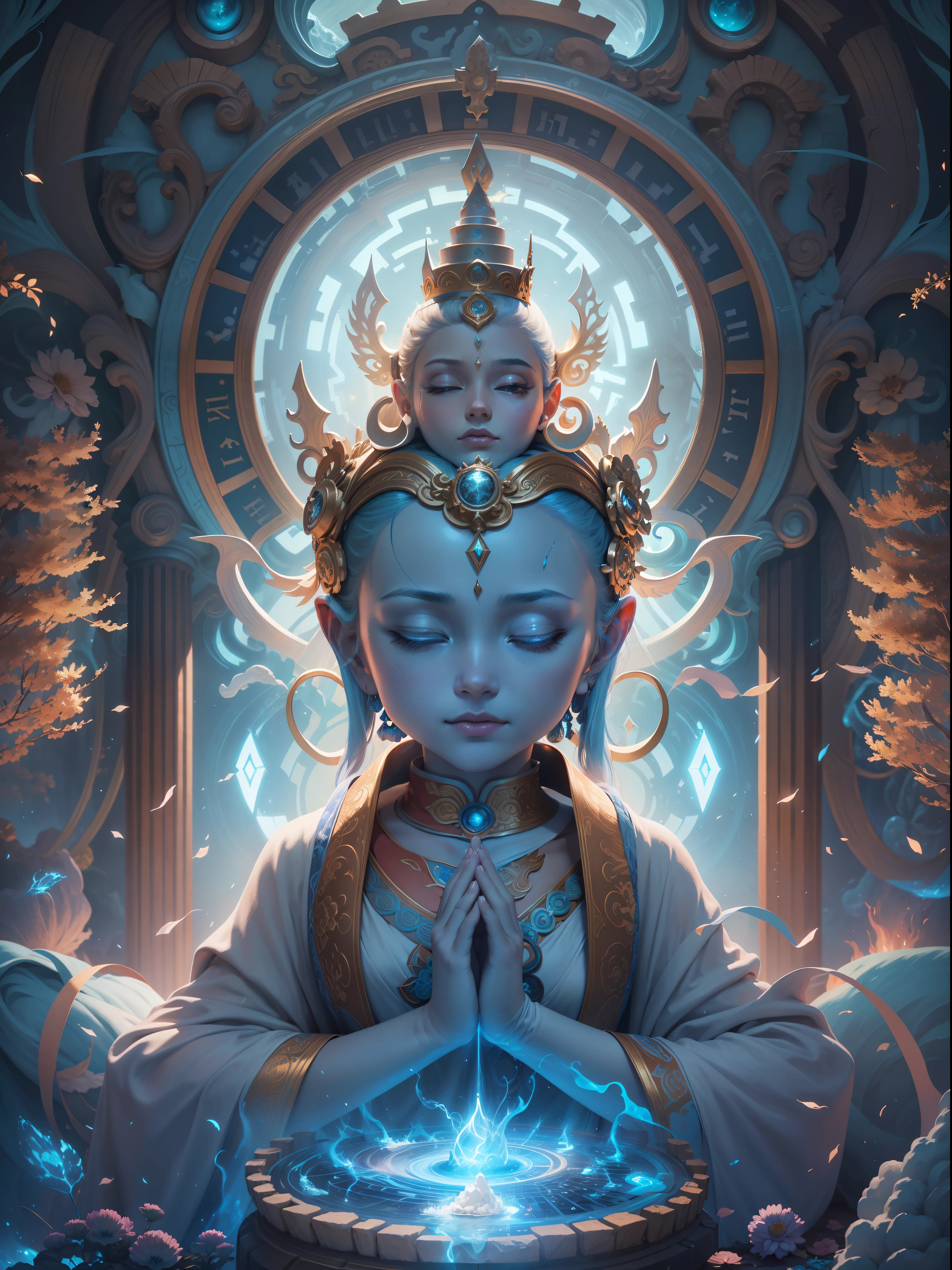 Picture quality:A masterpiece of high detail,8K,High resolution Body content:1girll, old,Sideways position, Broad perspectives,wears a long robe,Glowing hair,long leges,Exudes an aura of majesty and wisdom,The blue Buddha statue Dharma wheel unfolds behind it,Behind him is the mysterious oversized blue wheel blue light,Countless glowing quicksand swirled around this figure,Divine sense top light,The feeling of being high,Background with:A dazzling paradise,enviroment:fanciful,full of sunlight,Buddha is full of light,utopian,The ethereal breath of the Holy Country bathed in the glow of the sky,Hopeful,Divine piety,mystical ambiance:Mysterious unknowable sense of light:sun light,Strong sunshine,Magic beam,The fantasy of the future world is intertwined with reality,Color:Infused with ethereal hues and luminous blue hues,White blue color,High purity color, composition:Ultra-wide angle composition,Faraway view, Style reference:Virtual Engine,The magical texture of blue sparks,Chaotic real world