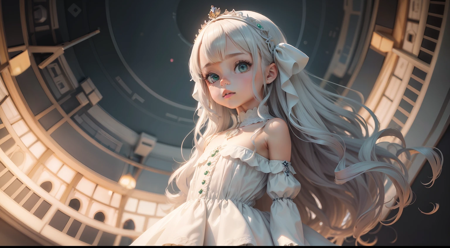 Waist closeup of a 5-year-old girl with silver hair and emerald eyes in dress, (3D Arte infantil), pintura digital bonito, arte digital bonito, desenho bonito realista da menina, arte digital detalhada bonito,(Menina de 5 anos interpletando uma das dez virgens citadas na parabola das dez virgens), personagens bonitos dos desenhos animados, pintura de personagem bonita, personagem bonito, menina anime bonito, desenho animado bonito, kawaii retrato realista, arte digital do desenho animado, desenhos animados bonito, retrato bonito, render uma menina anime 3D bonito