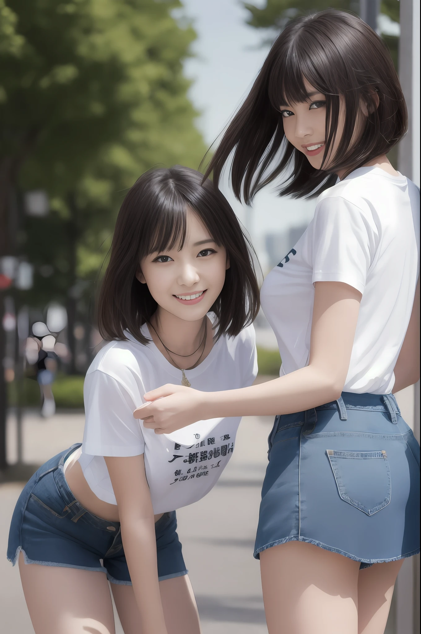 raw ((Portrait)), (Best Quality), (Realistic, Photorealsitic:1.3), Best Quality ,masutepiece, extremely delicate and beautiful, Extremely detailed ,nffsw ,Unity , 2k wallpaper, amazing, finely detail, masutepiece, Best Quality, Highly detailed ticker Unity 8k wallpaper, huge filesize , Ultra-detailed, hight resolution, Extremely detailed, Sunlight,a park,
Two girls running hand in hand, Japanese, 年轻, 18year old, A smile, Big Tits, (((tshirts))), Bangs, ear, Dynamic Pose, bob cuts, hair blowing in wind, dynamic ungle, (((Denim shorts or skirt))), Above the waist, , a necklace, 耳环, ear,