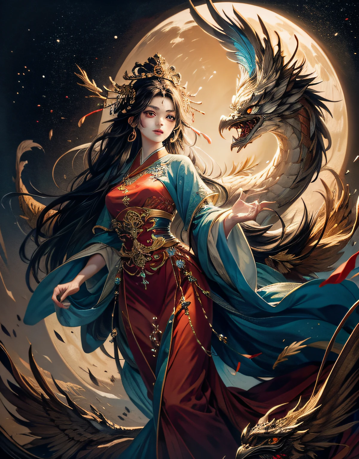 1girl. hyper sharp image, ultra detailed, best quality, a extremely beautiful Goddess, The goddess has long black hair and dark eyes.
She is a goddess dressed in traditional Chinese dress and has a phoenix on her head.
Her goddess floats in the sky and holds jewels in her hands.
Dragons and phoenixes fly around her goddess.
The background is an ancient city in China.