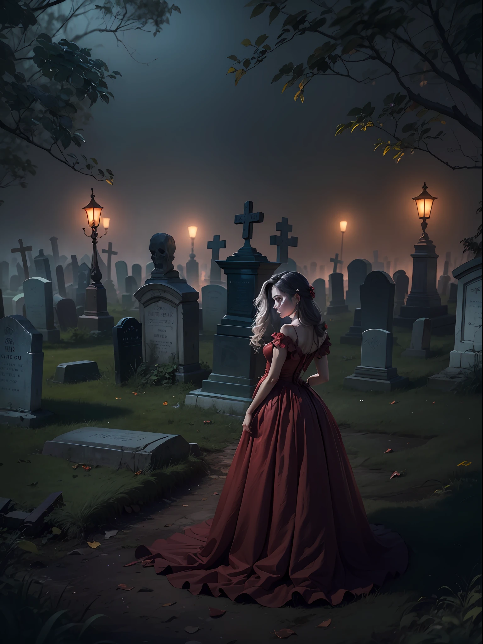 Noiva morta viva, vestido manchado de sangue, macabre cemetery scenery, em volta uma neblina sombria, em noite de lua cheia, imagem perfeita, realista, 8k